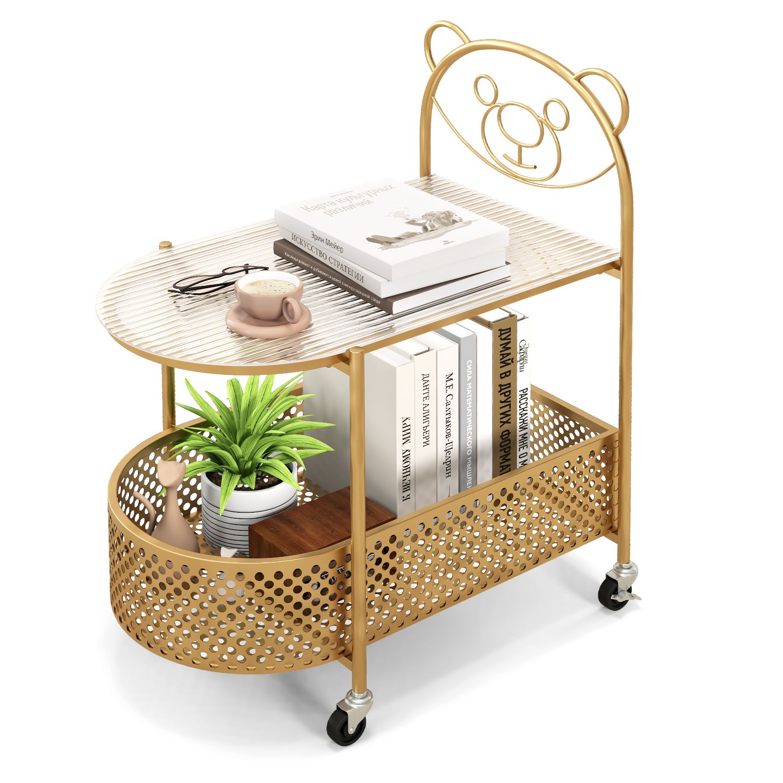 Costway Mobile Glass Coffee Table 2-Tier Modern Cocktail Table-Golden in Gold