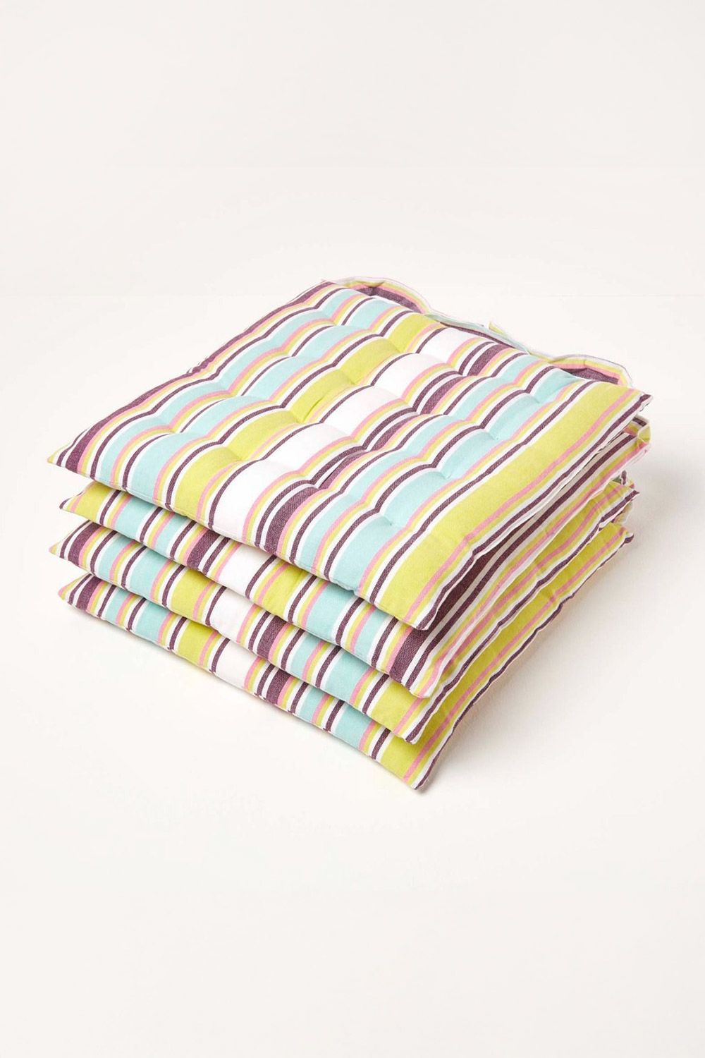 Homescapes Set of 4 Osaka Green Stripe Seat Pad with Button Straps, 40 x 40 cm