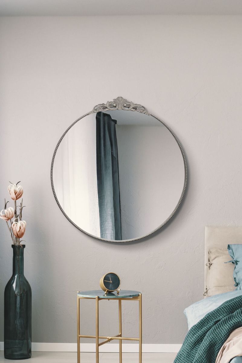 MirrorOutlet Silver Metal Framed Round Decorative Wall Mirror 39" X 39" 100x100CM