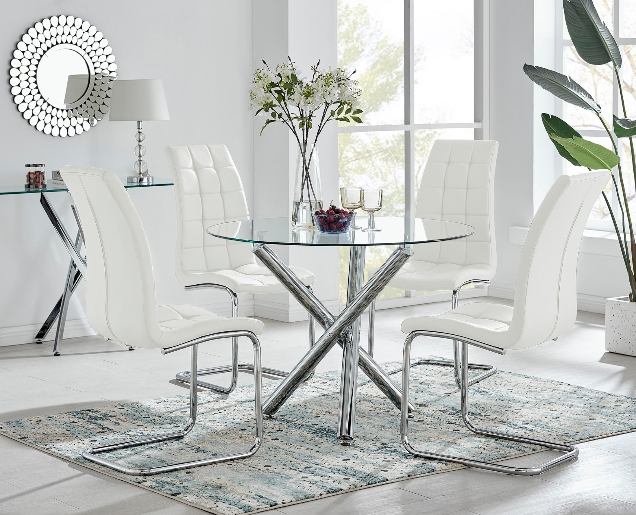 FurnitureboxUK Selina Round Glass Chrome Leg Dining Table & Murano Chairs in Off-White