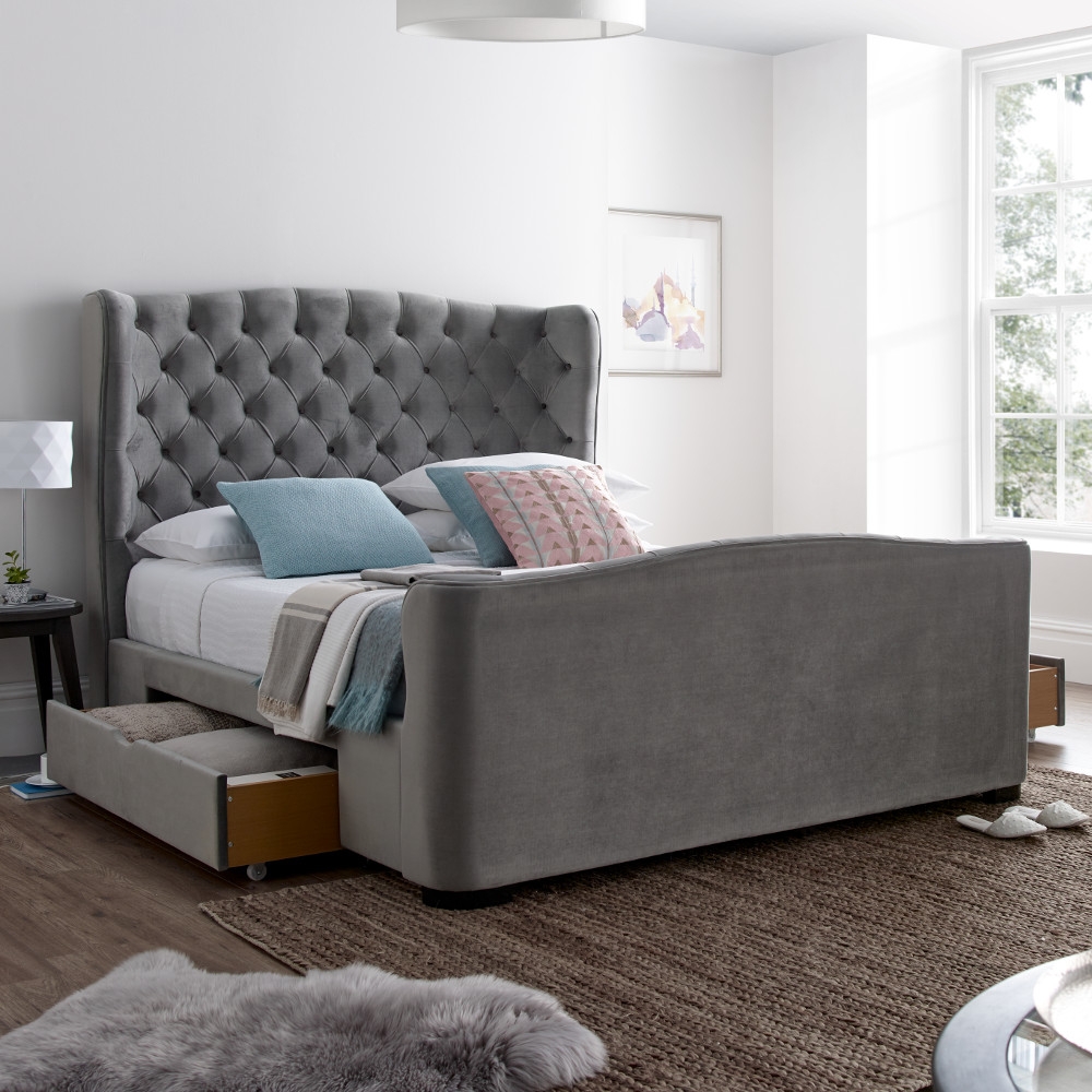 Downton Grey Velvet Fabric 2 Drawer Storage Bed Frame - 6ft Super King Size