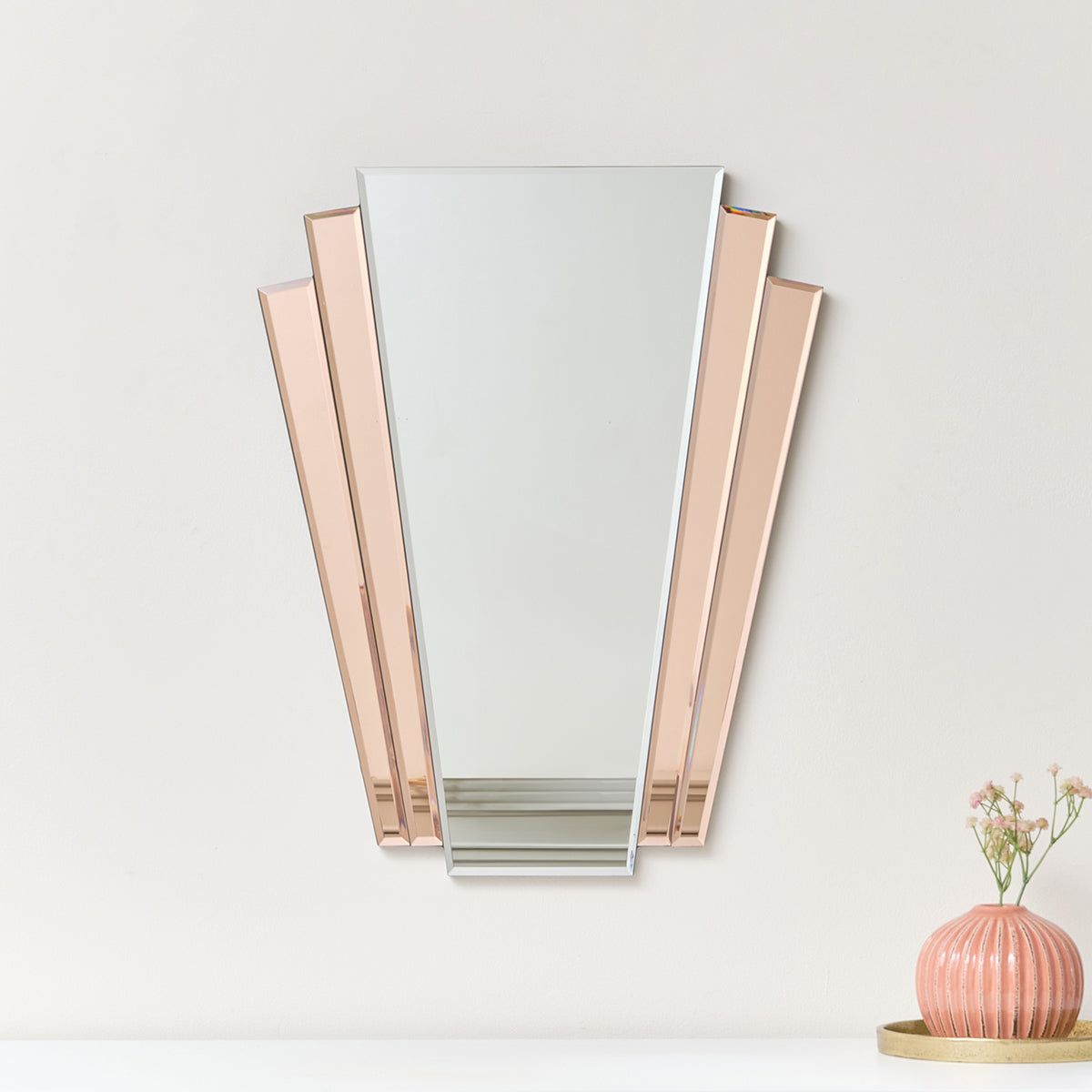 Melody Maison Pink Art Deco Fan Wall Mirror - 60cm X 48cm in Baby Pink
