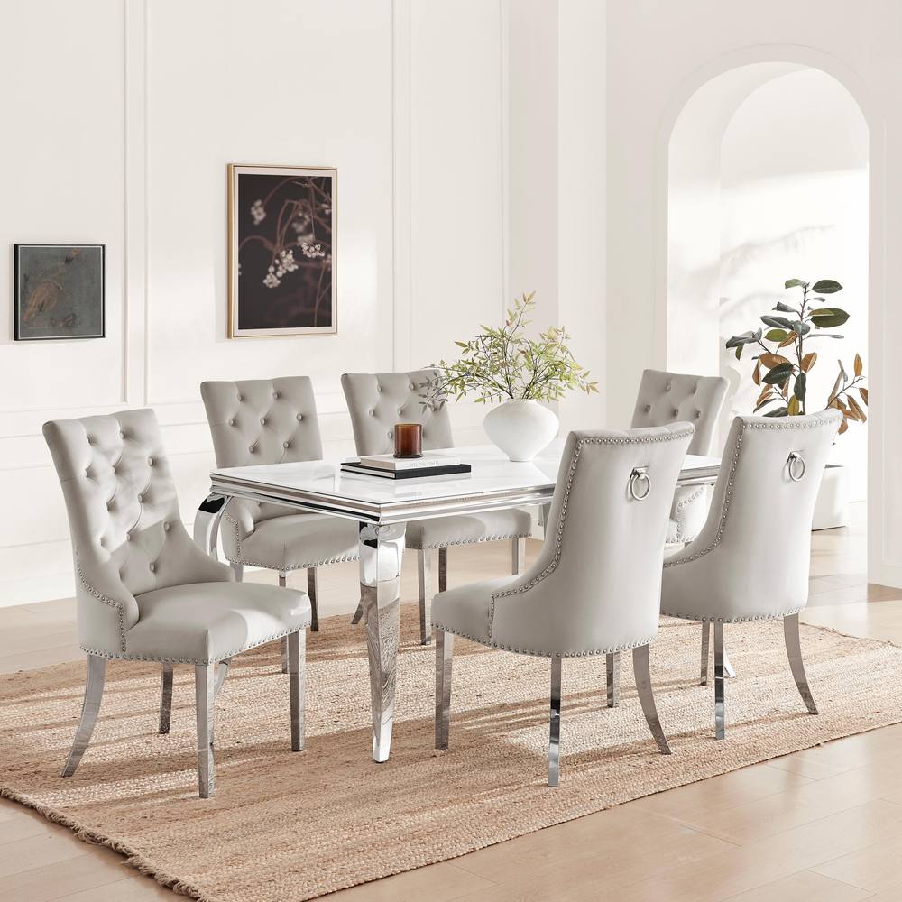 FurnitureboxUK Skye Rectangle Marble Effect Dining Table & 6 Grey Belgravia Chairs
