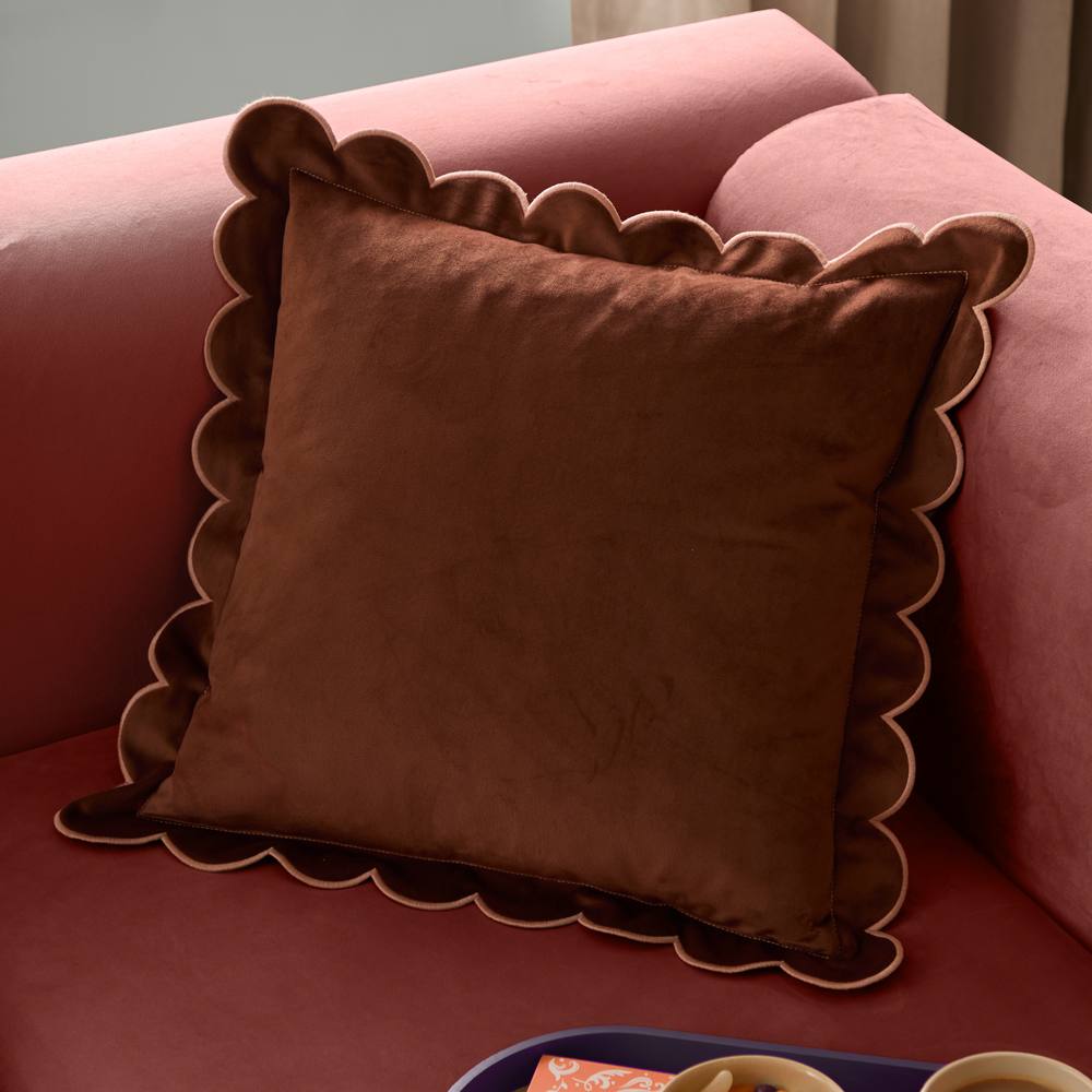 Furn Lil Scallop Velvet Cushion in Brown