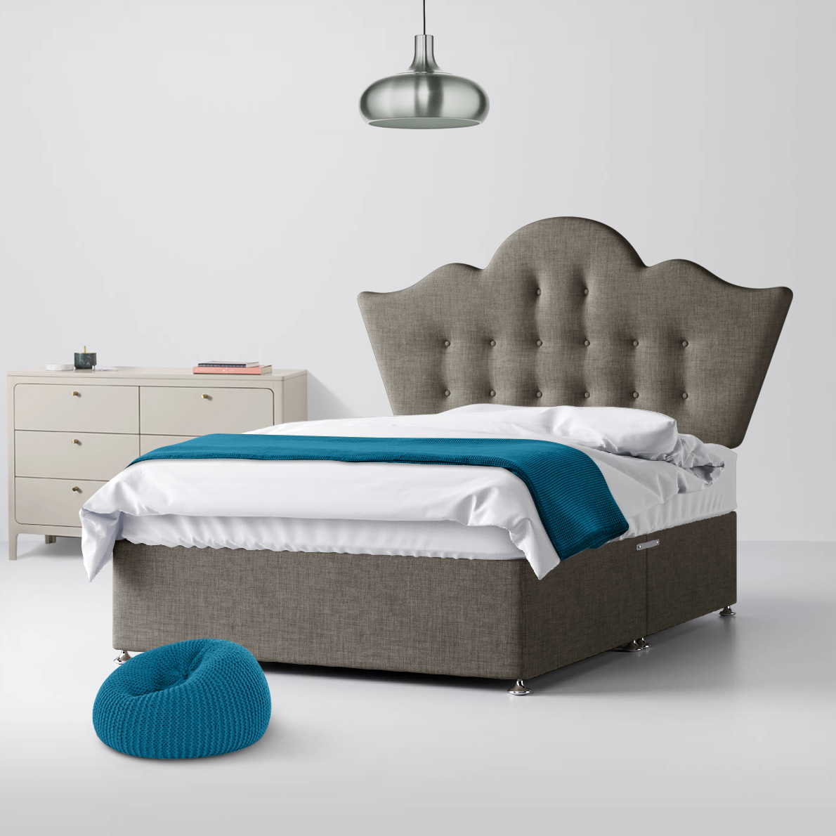 Florence Buttoned Slate Grey Fabric Ottoman Divan Bed - 4ft Small Double