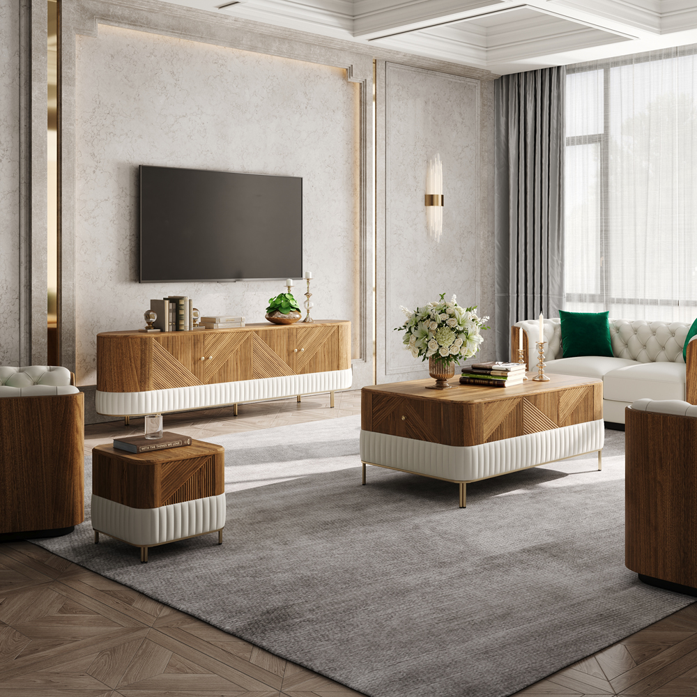 Wovent Walnut & Leather TV Stand & Coffee Table Set
