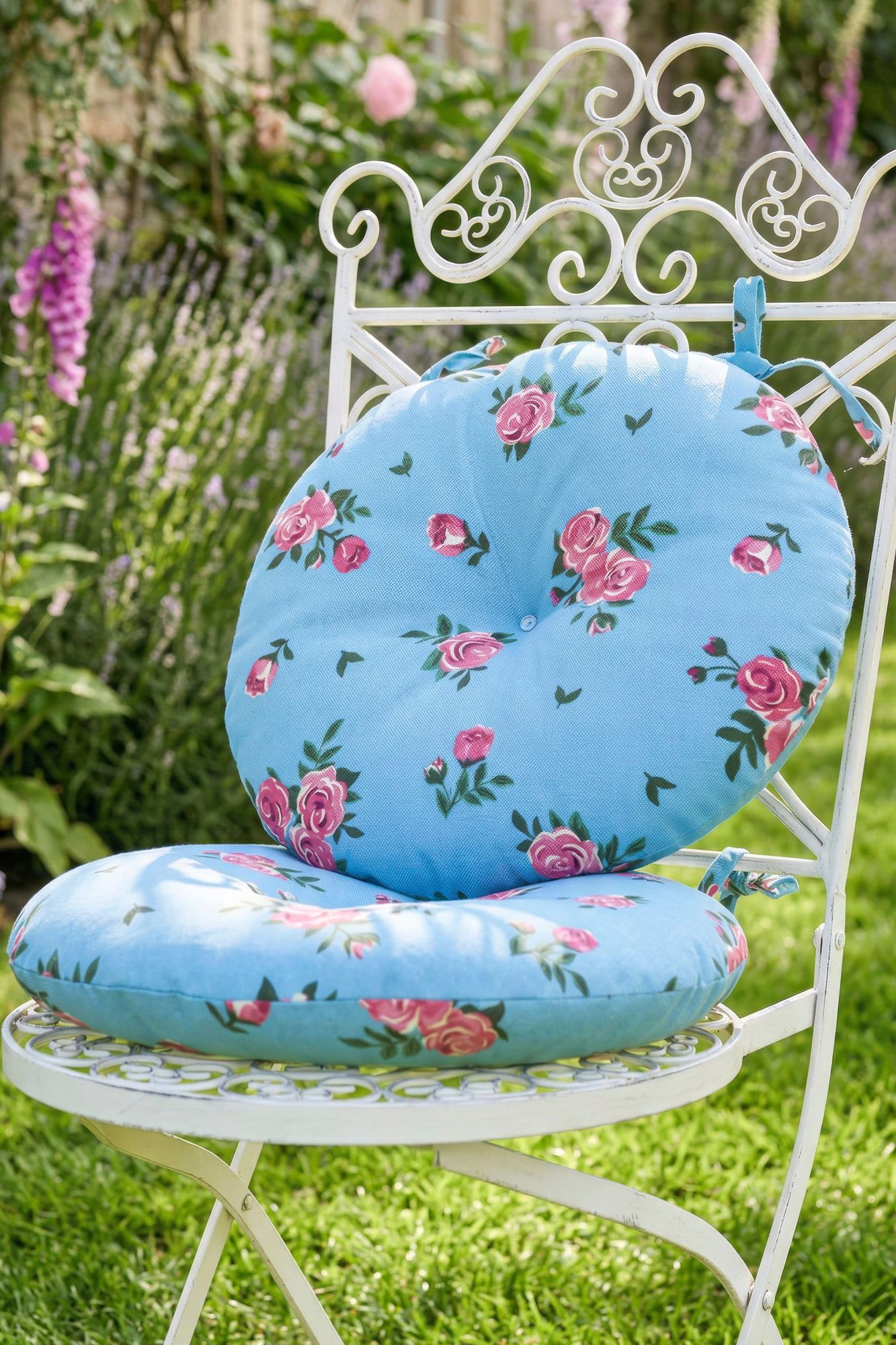 Dibor Set of 2 Blue Rose Round Summer Outdoor Garden Chair Seat Pad Cushions Dia 40cm