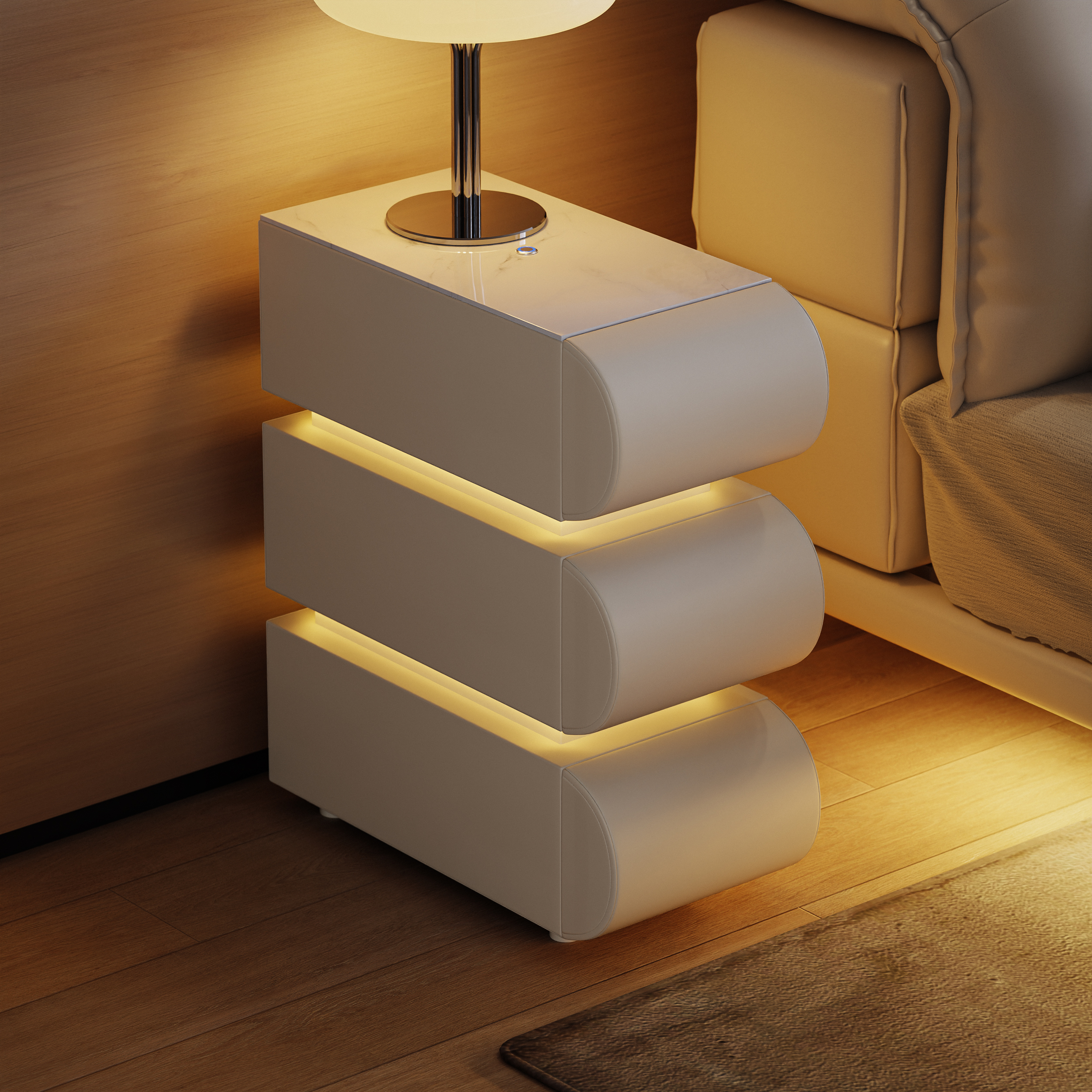 Narrow Humply Leather 3-Drawer Smart Bedside Table with Sintered Stone Top