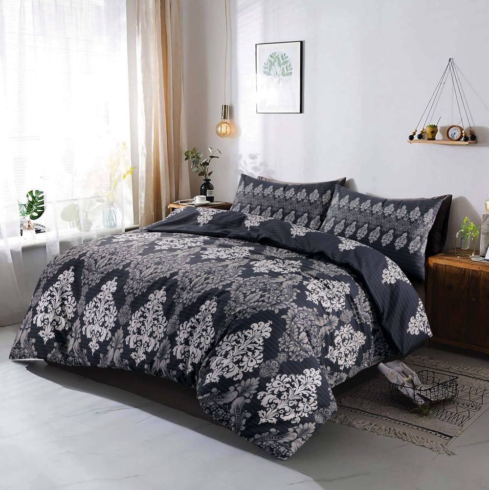 Homes-Linen Tanya Floral Printed Reversible Stripe Duvet Cover Set in Black