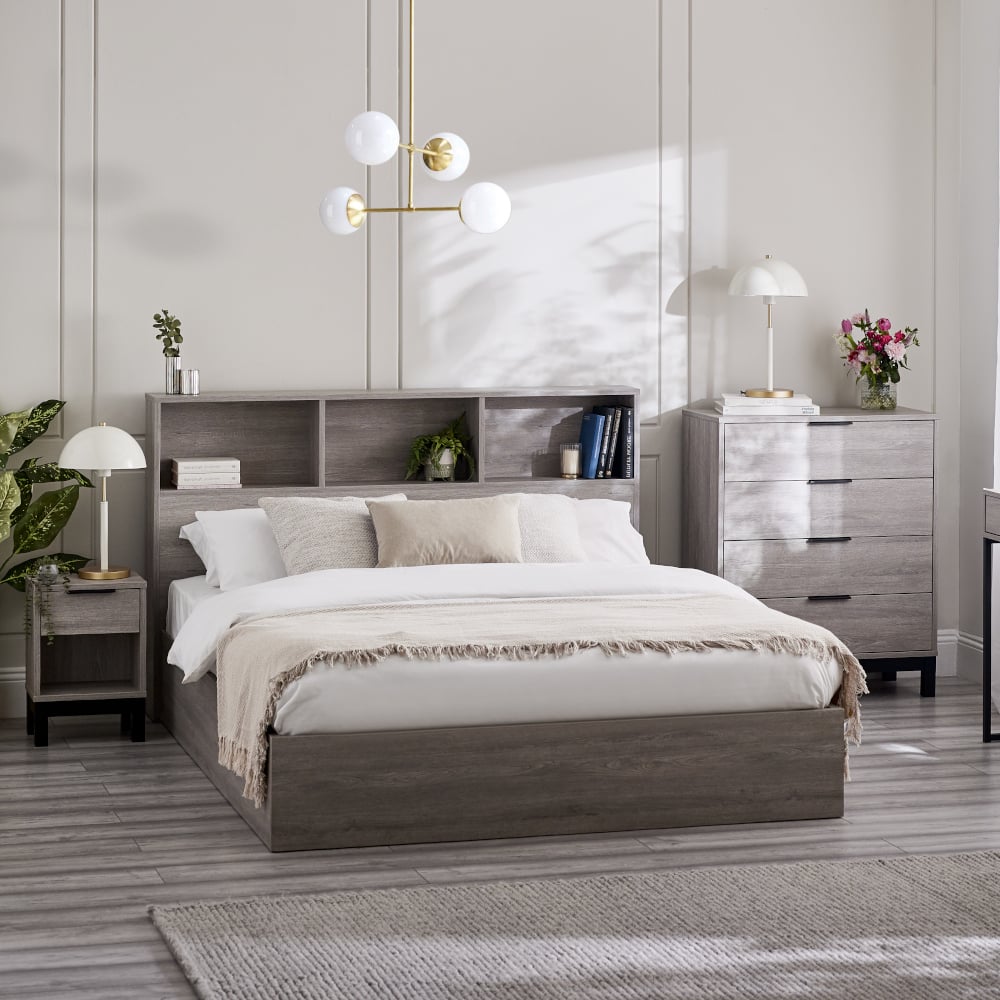 Bali – King Size– Bookcase Ottoman Storage Bed – Grey Oak – Wooden – 5ft - Happy Beds