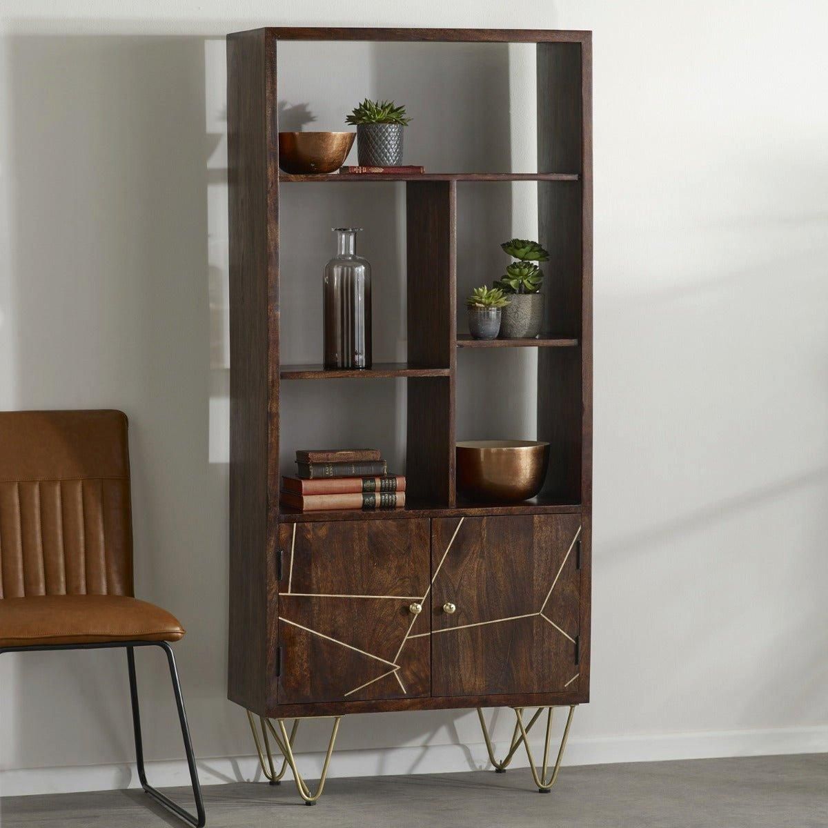 IH Design Multi shelf bookcase with Doors Deiondre Dark Mango in Brown