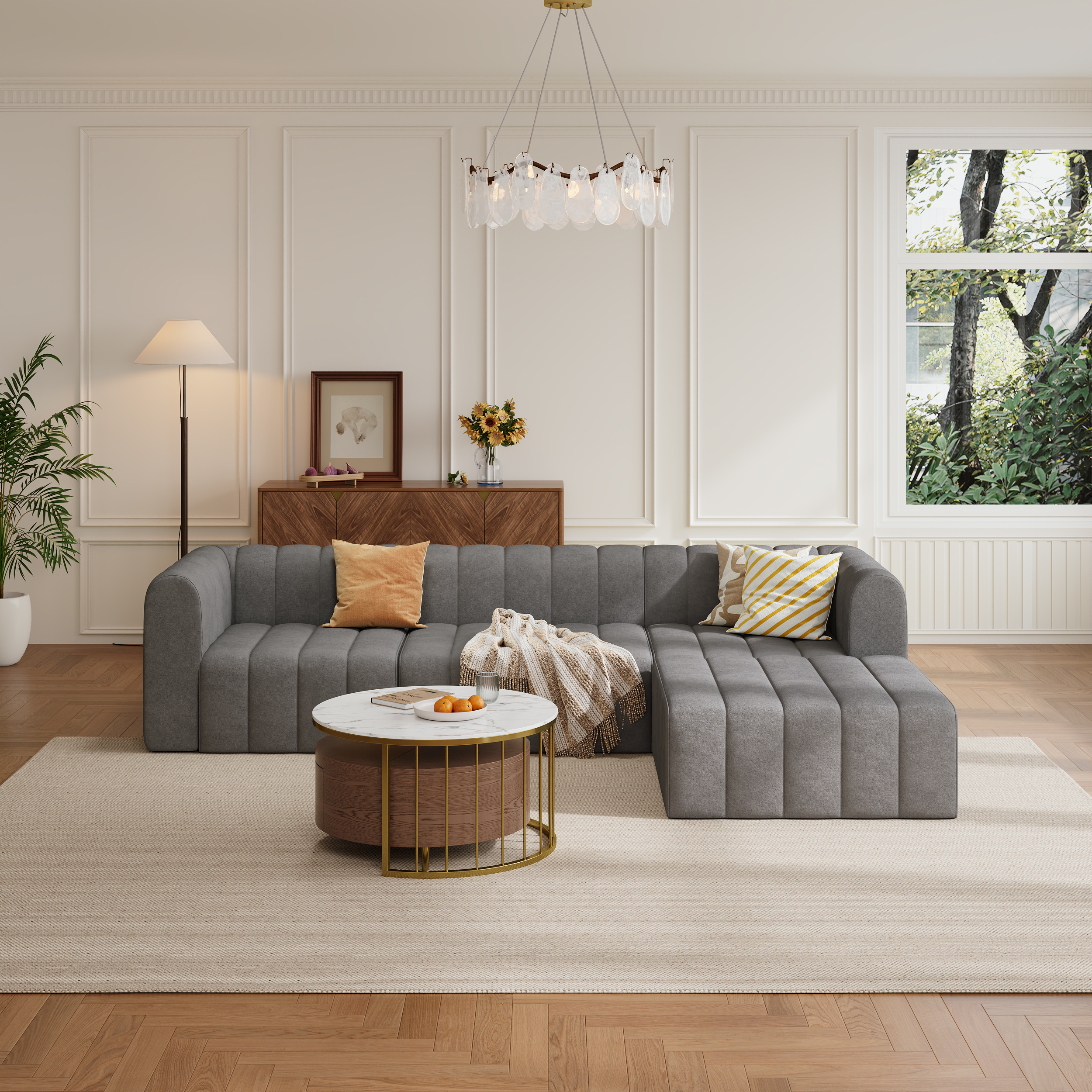 3020mm Modern Grey Velvet Modular Pit Sectional Sofa Set Convertible 4-Piece Upholstered