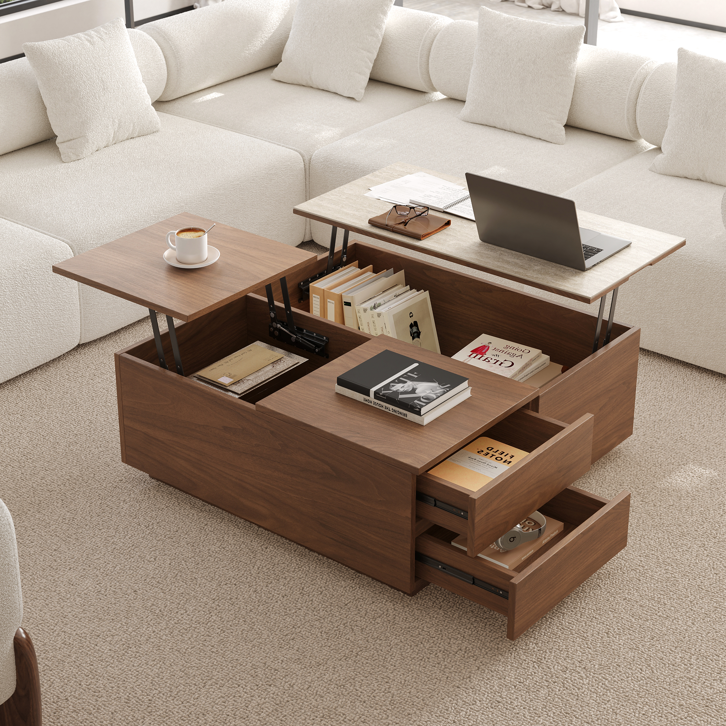 990mm Square Lift-Top Travertine Veneer Sintered Stone Coffee Table with Storage