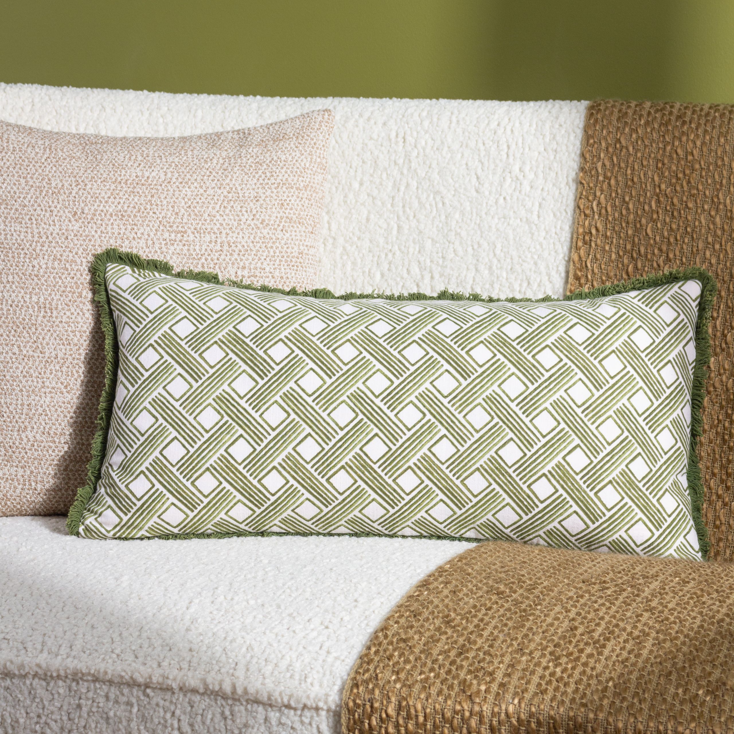 HOEM Alexah 100% Cotton Geometric Fringed Cushion in Olive