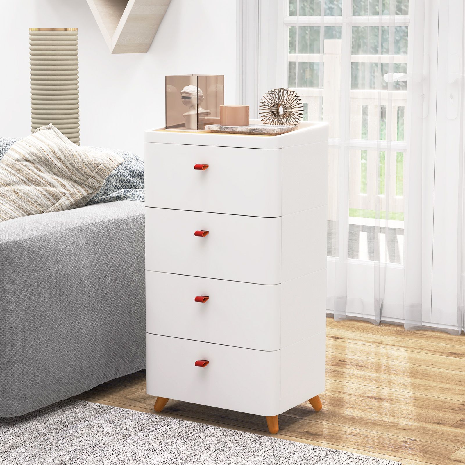 Costway 4 Drawer Dresser Bedroom Chest of Drawers with Removable Organizer Tray in White