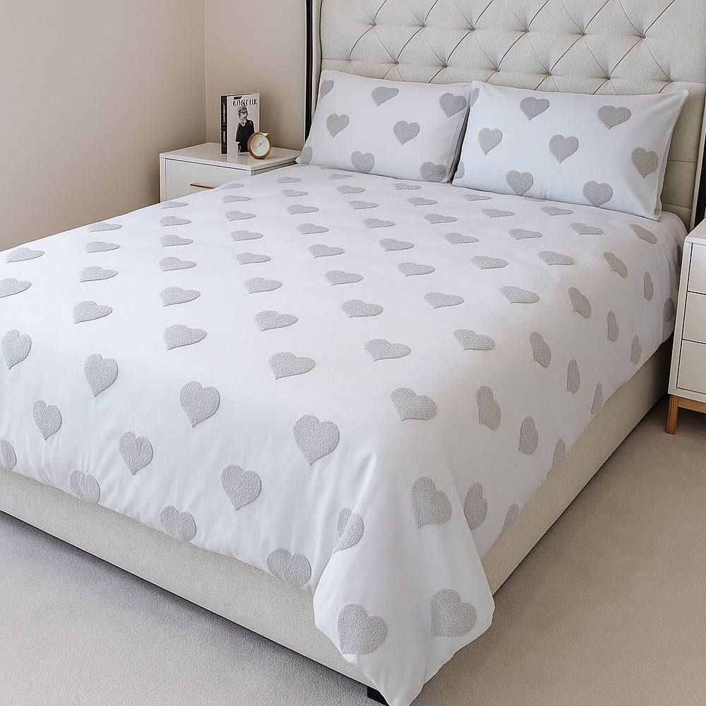 Voltico Grey Tufted Star Heart Duvet Set - Single, Double & King in Light Grey