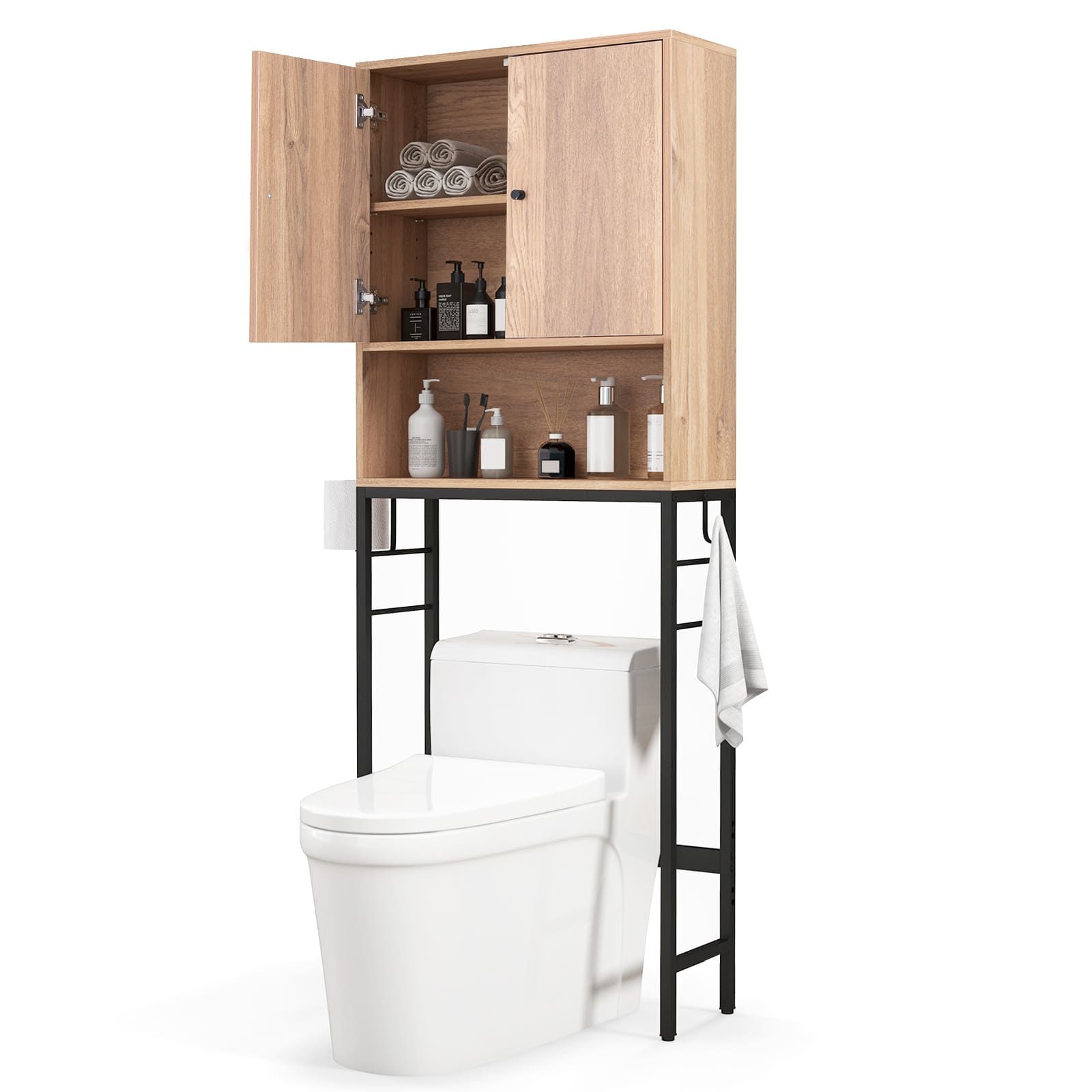 Costway Over The Toilet Storage Cabinet Free Standing Toilet Rack-Natural in Natural