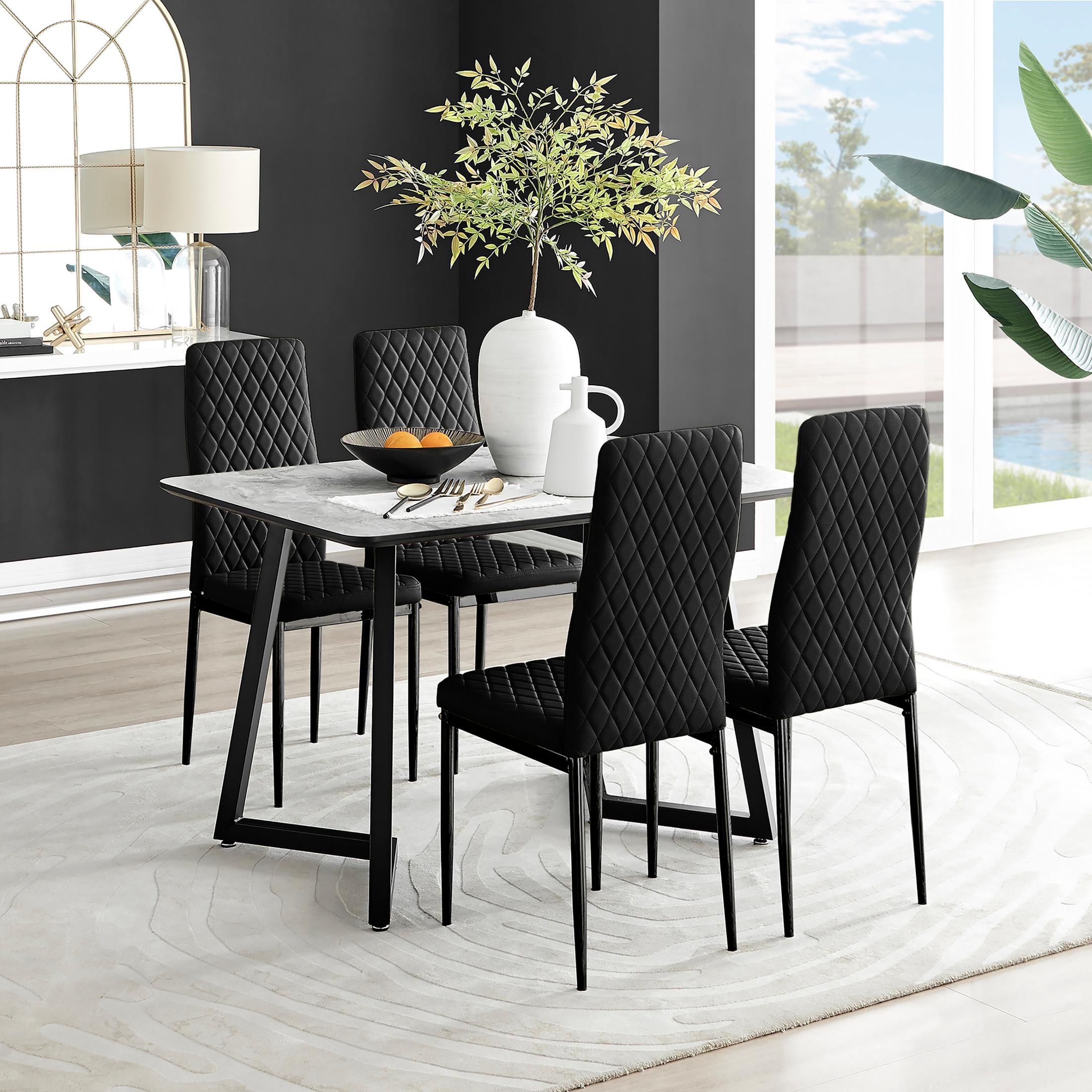 FurnitureboxUK Carson White Marble Effect Dining Table & 4 Velvet Milan Black Leg Chairs in Grey