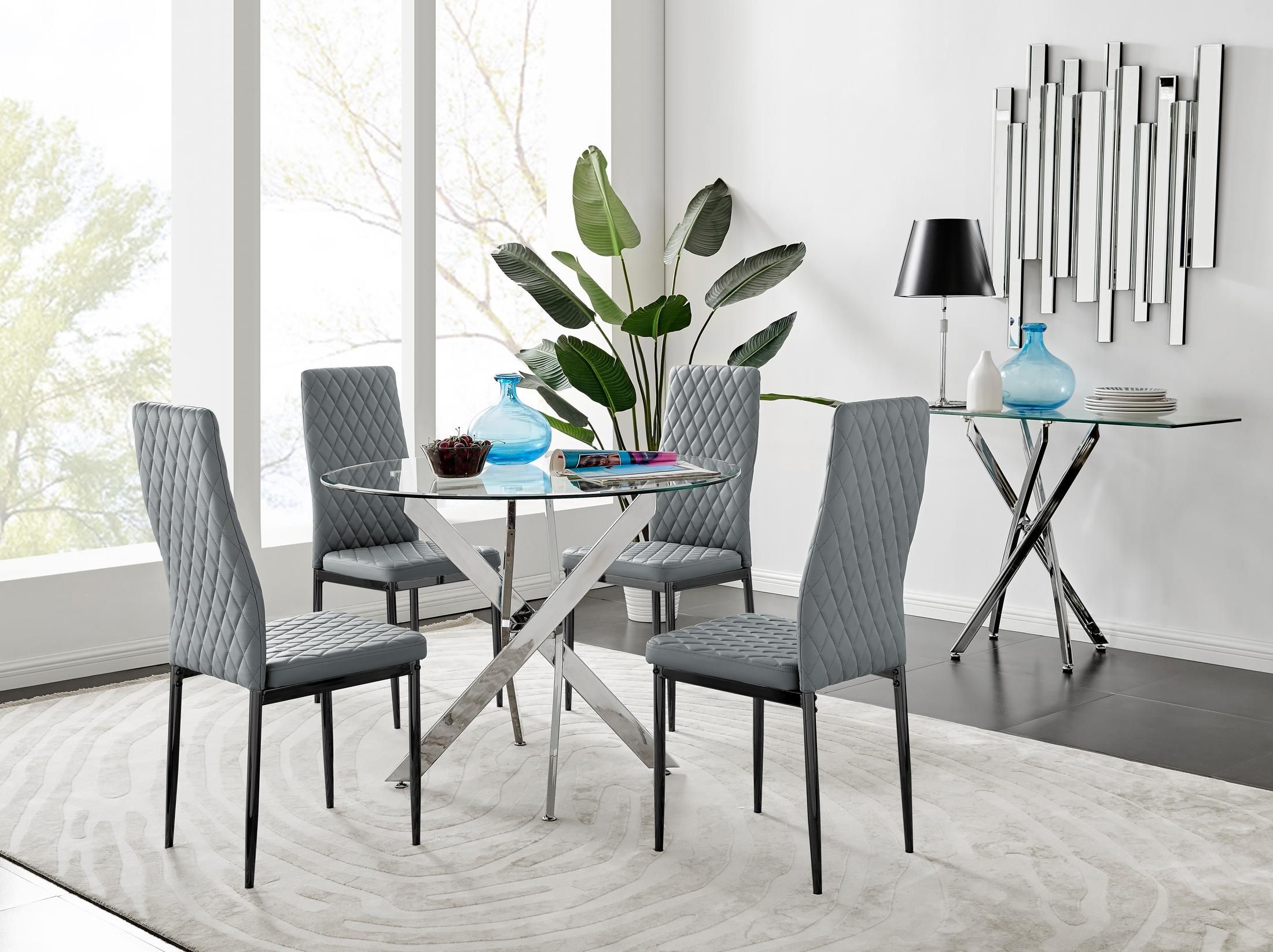 FurnitureboxUK Novara 100cm Round Dining Table & 4 Milan Black Leg Chairs in Grey