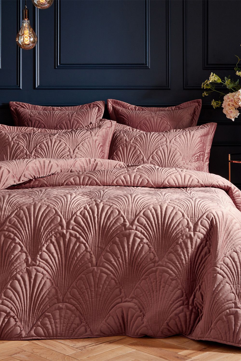 Paoletti Palmeria Quilted Velvet Duvet Cover Set in Light Pink