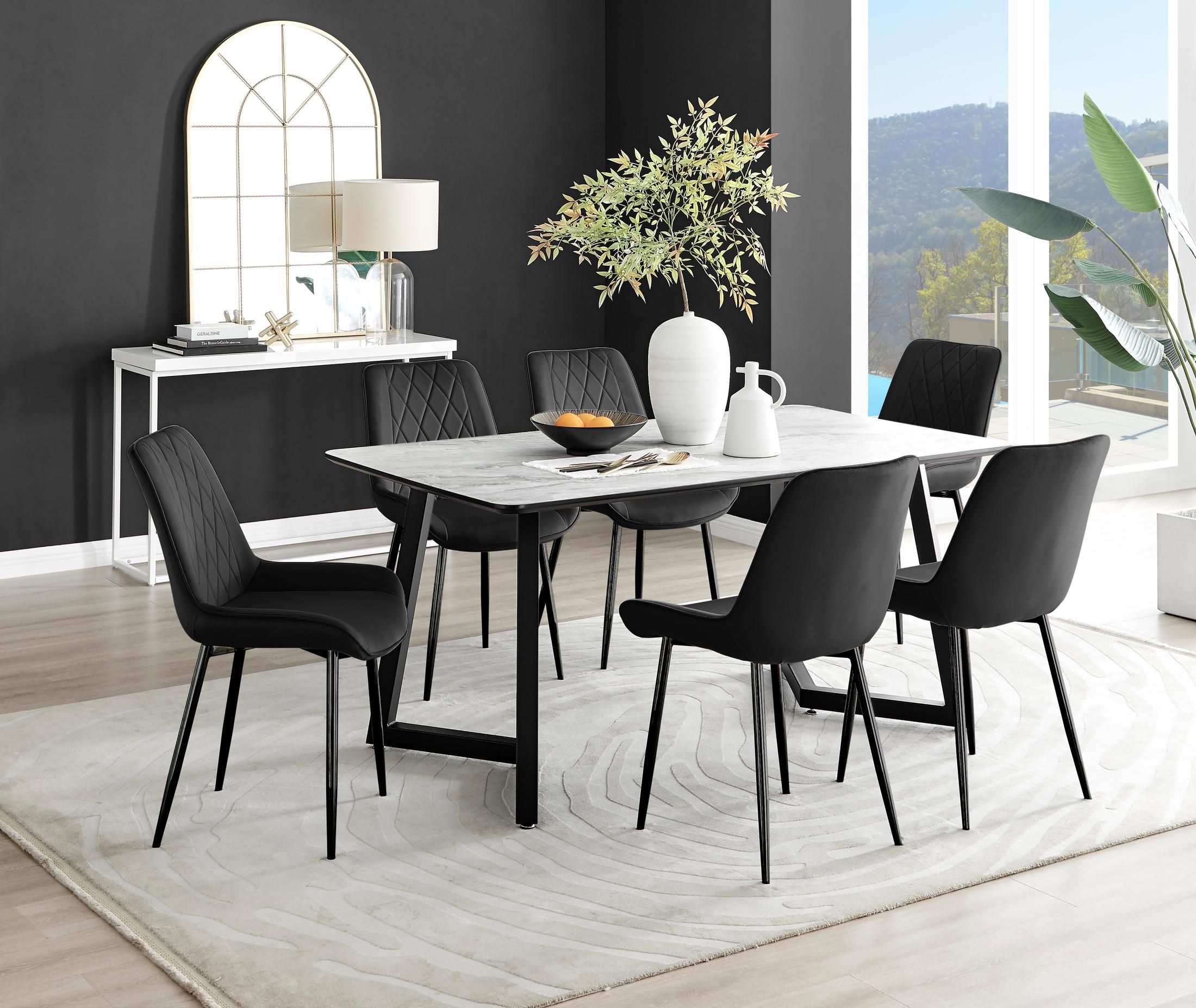 FurnitureboxUK Carson White Marble Effect Dining Table & 6 Pesaro Black Leg Chairs
