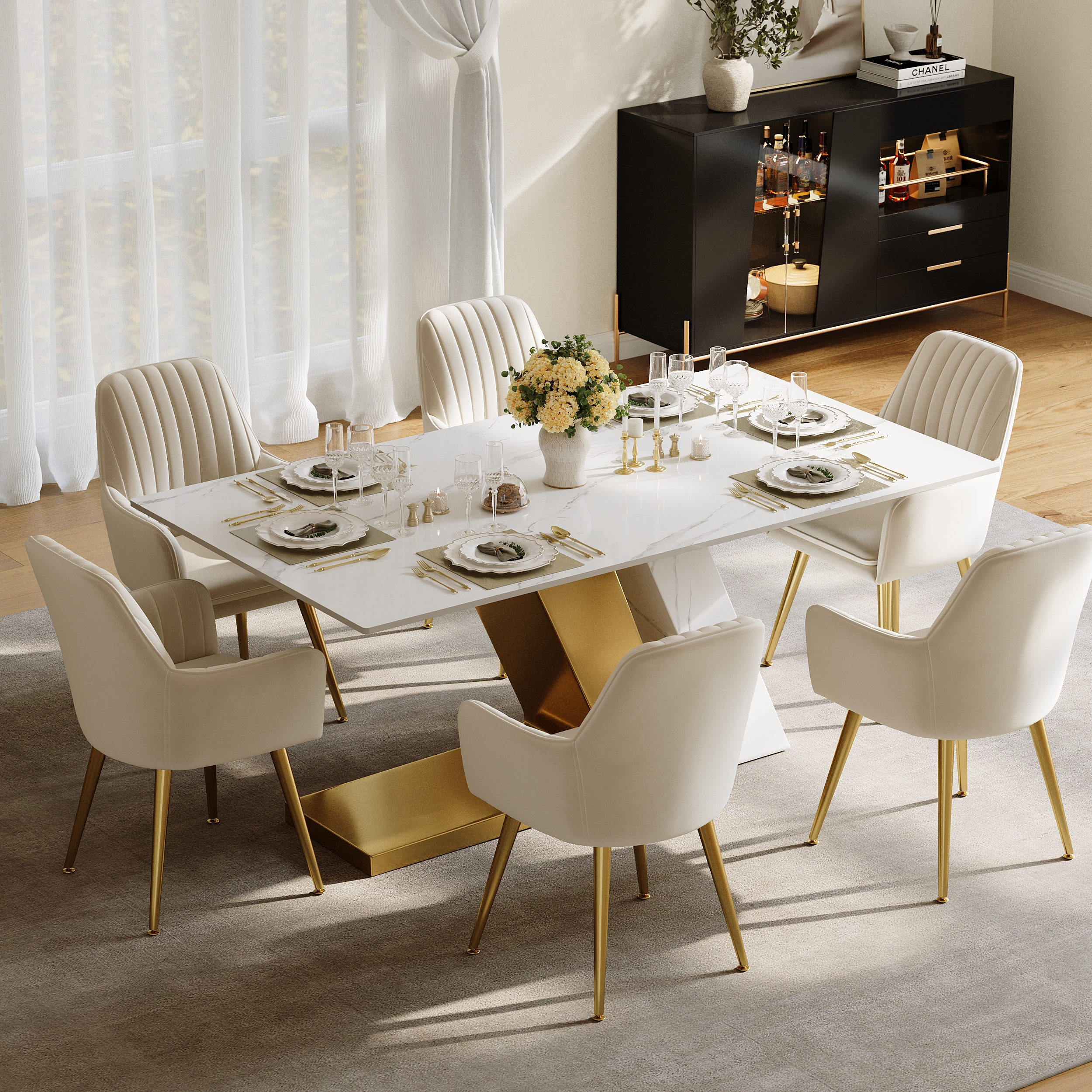 Dining Set 71" Modern Rectangle Sintered Stone Dining Table with 6 Chairs