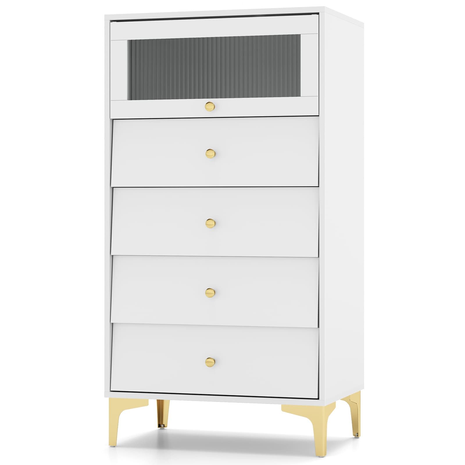 Costway 4 Drawer Dresser Modern Storage Cabinet w/ Flip Up Fluted Glass Door in Grey