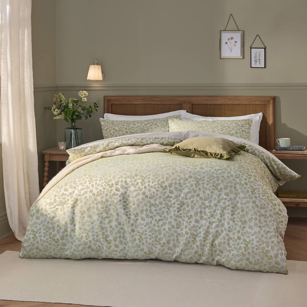 Wylder Grace Leaf Jacquard Satin Duvet Cover Set in Pale Green