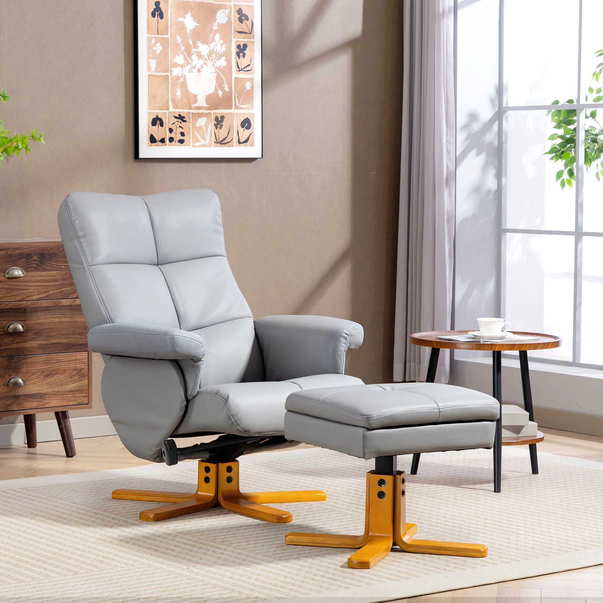 HOMCOM Recliner Chair & Footstool PU Leather Wooden Base, Light Grey