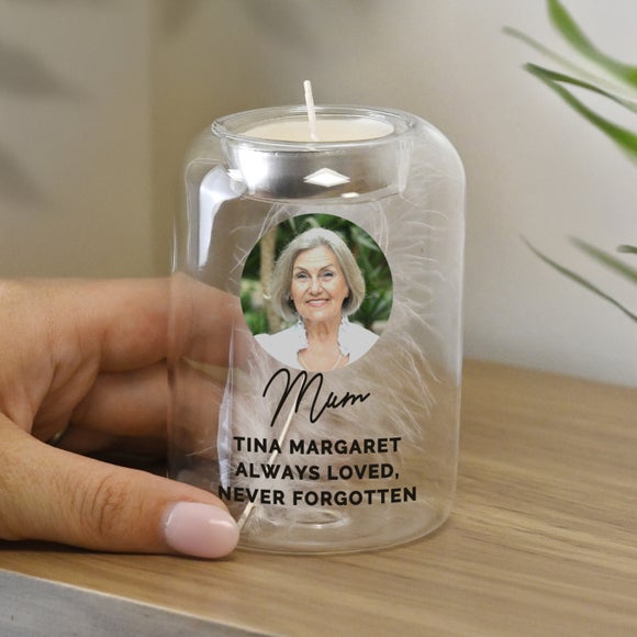Personalised Feather Memorial Photo Tealight Holder