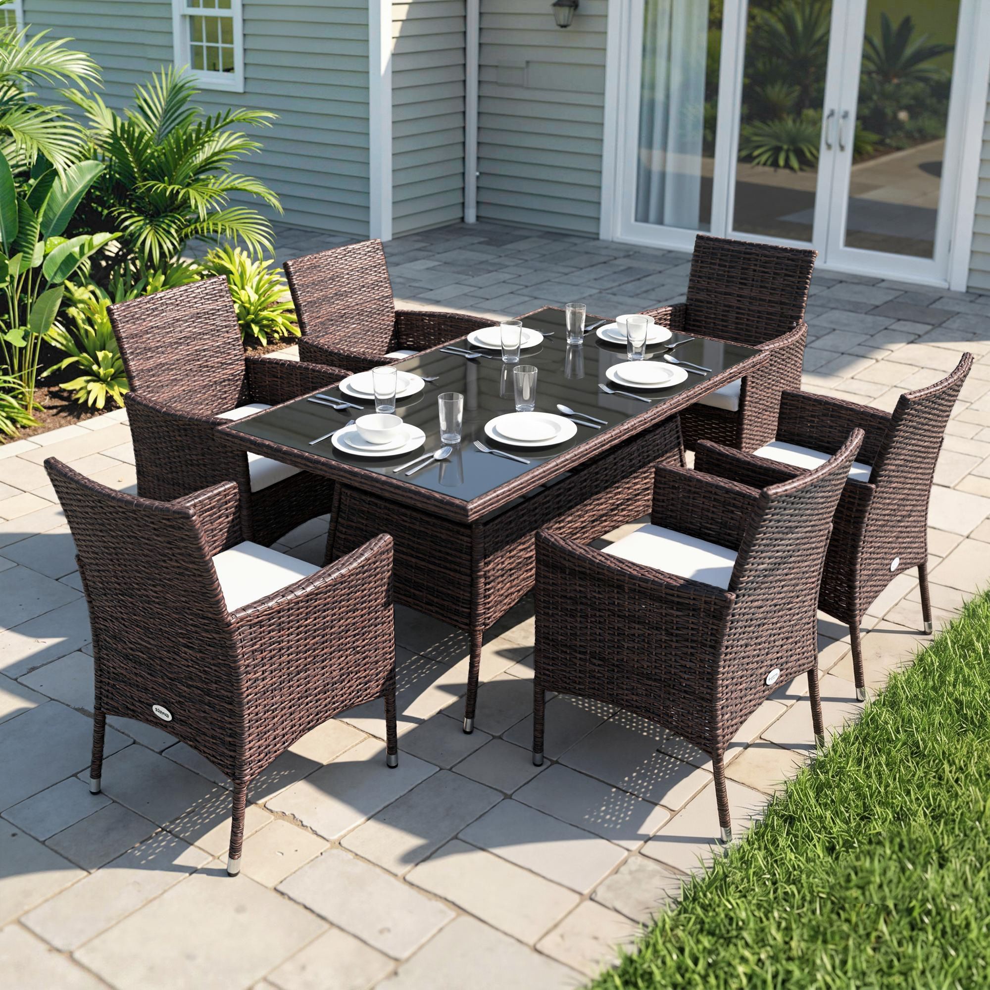 OUTSUNNY 7pc Rattan Garden Furniture Dining Set Wicker Patio Conservatory in Brown