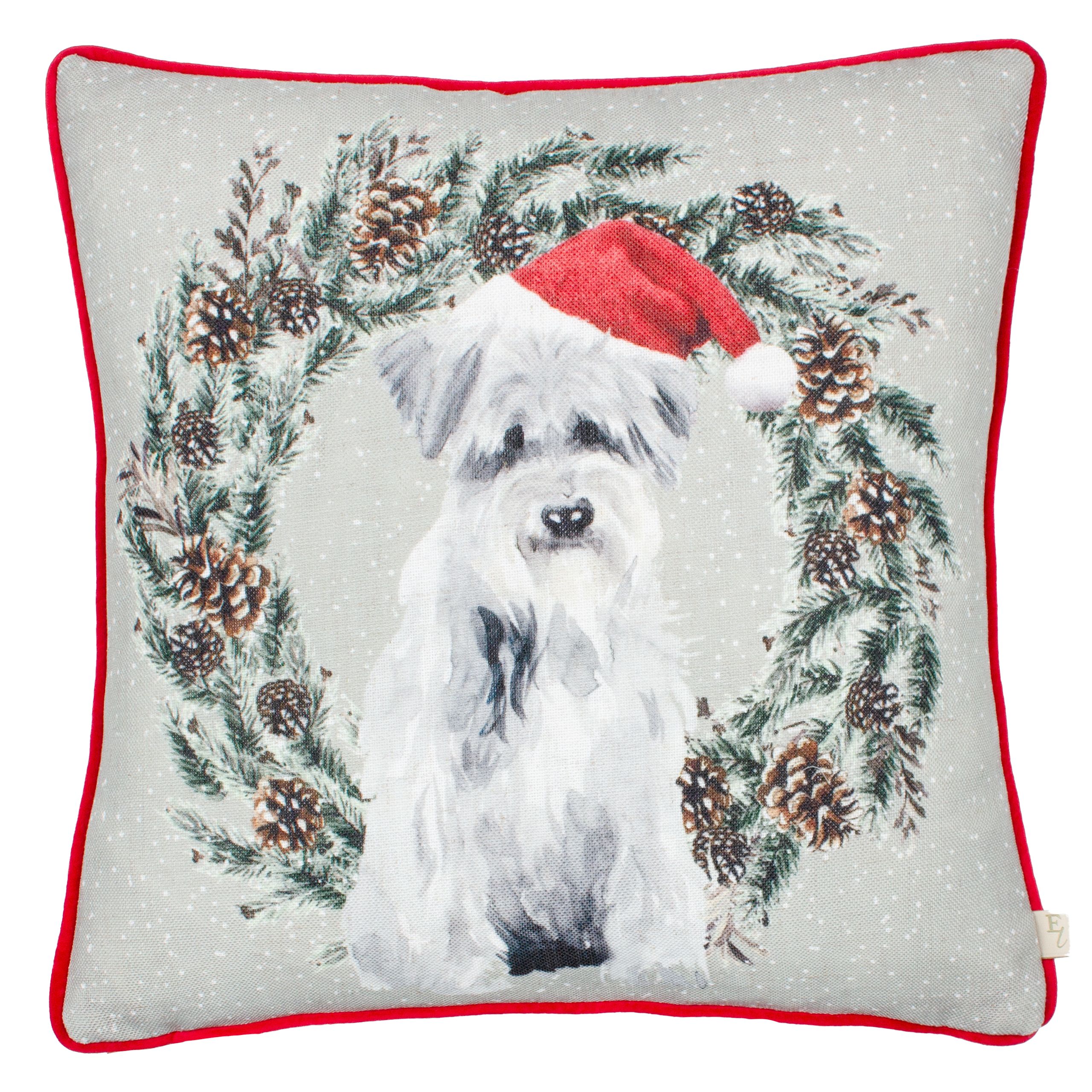 Evans Lichfield Christmas Dog Wreath Festive Piped Polyester Filled Cushion