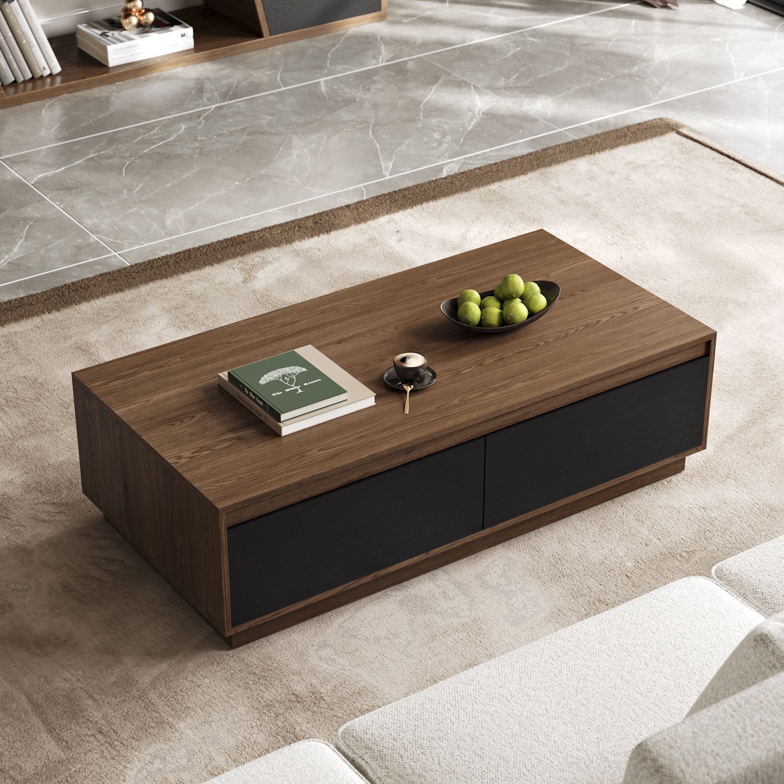 1200mm Mid Century Modern Black & Walnut Coffee Table Rectangular Block Living Room Table with Storage