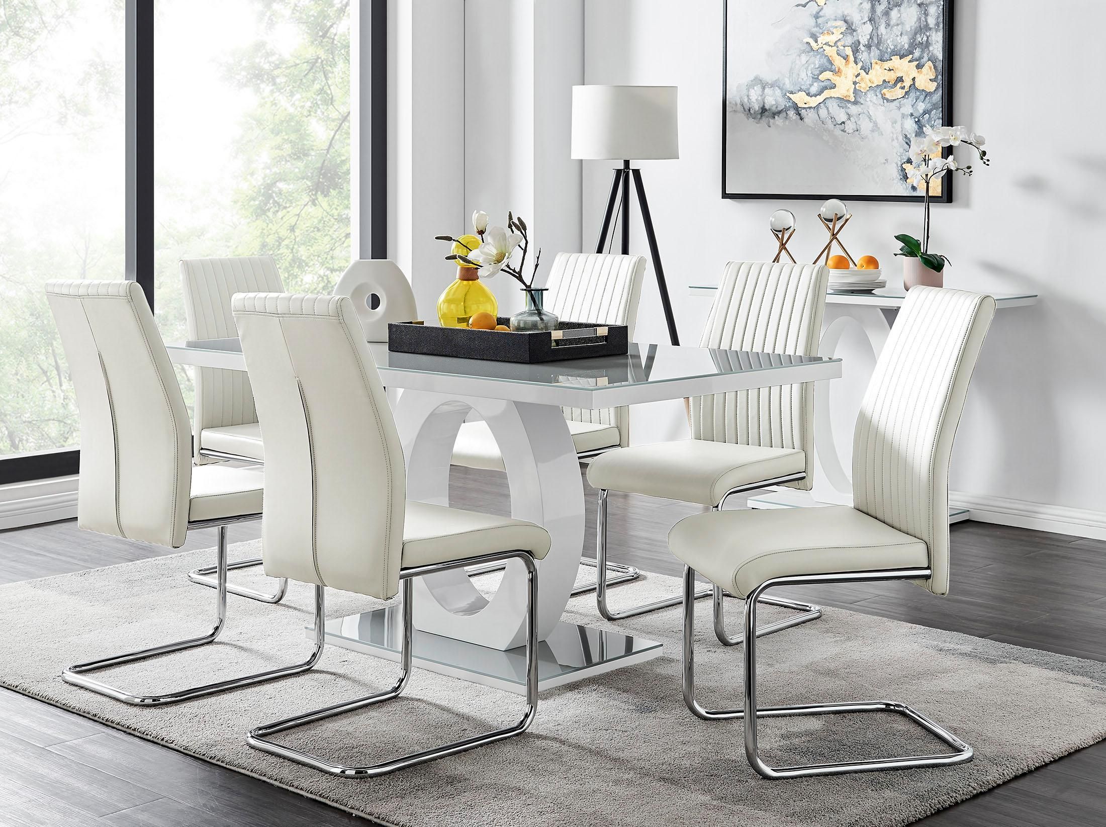 FurnitureboxUK Giovani 6-Seater Grey Glass Dining Table & 6 Lorenzo Faux Leather Dining Chairs in White