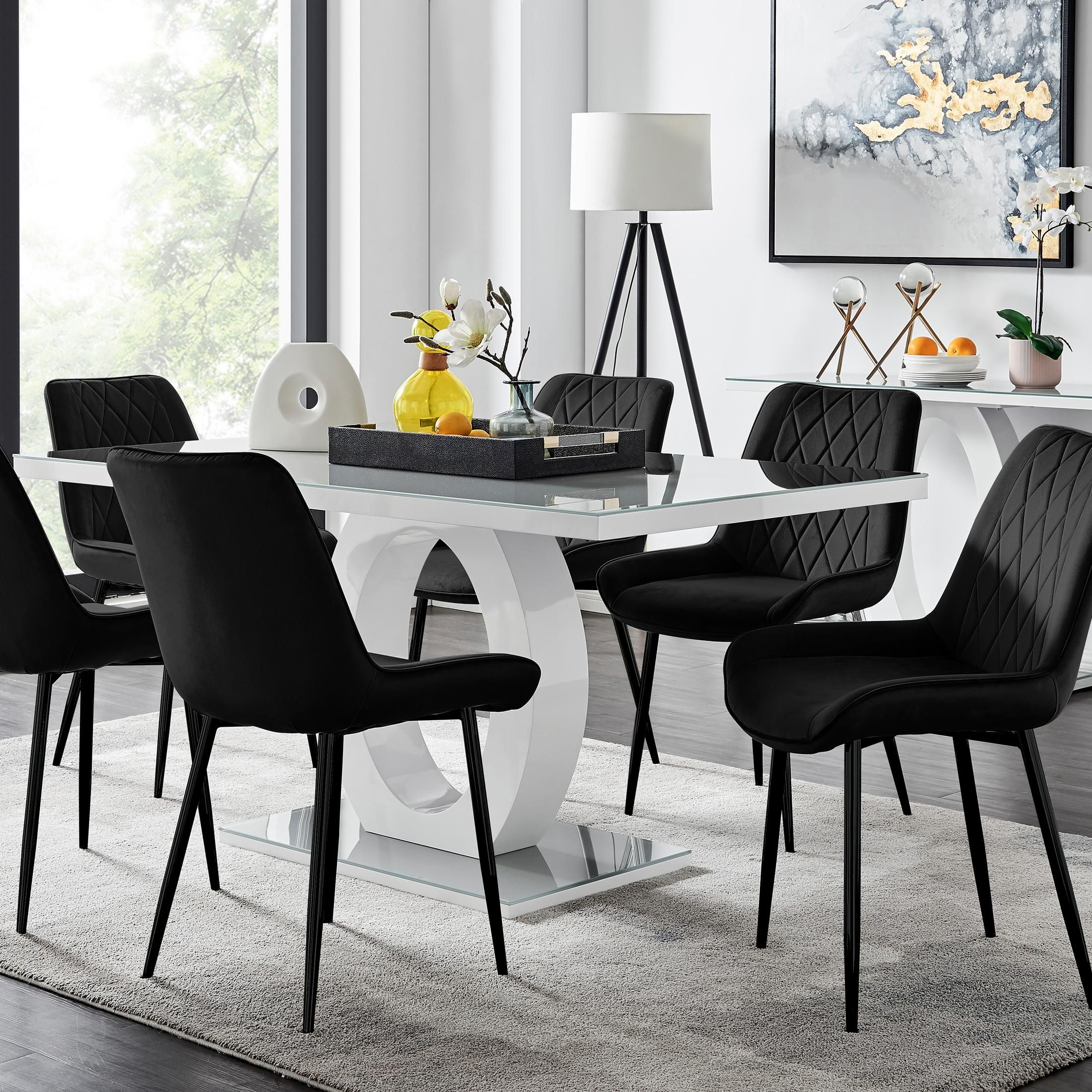 FurnitureboxUK Giovani 6-Seater Grey Glass Dining Table & 6 Pesaro Soft Velvet Dining Chairs in Black