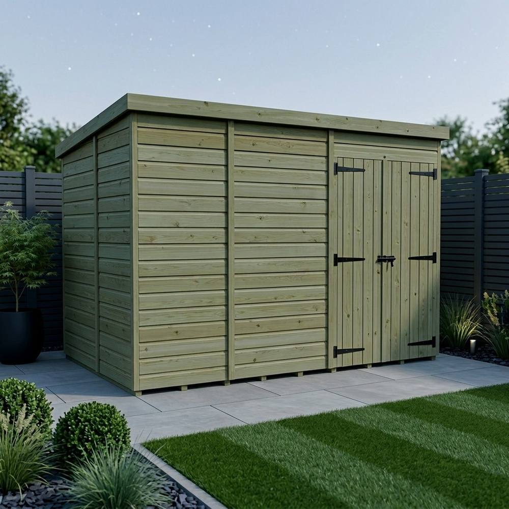 Buttercup Farm 11ft x 10ft Pent Garden Shed Double Door No Windows - Timber in Brown 3