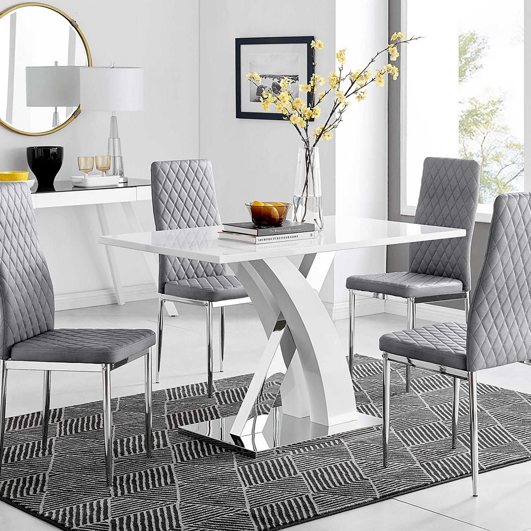 FurnitureboxUK Atlanta White High Gloss & Chrome 4 Seater Dining Table with X Shaped Legs & 4 Faux Leather Milan Chairs in Grey