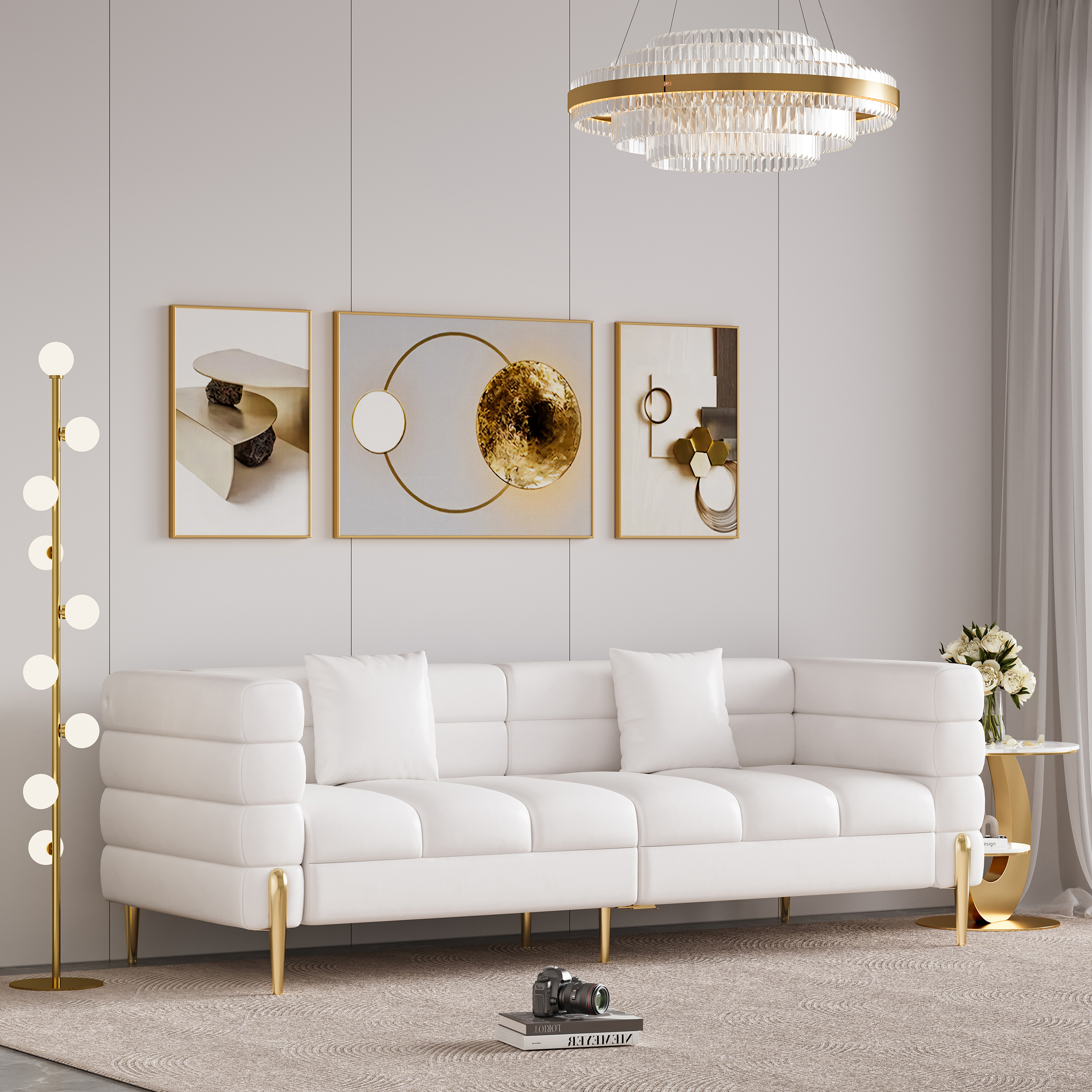 Axial 200 cm Faux Leather Fluted Sofa with Gold Legs & Pillows