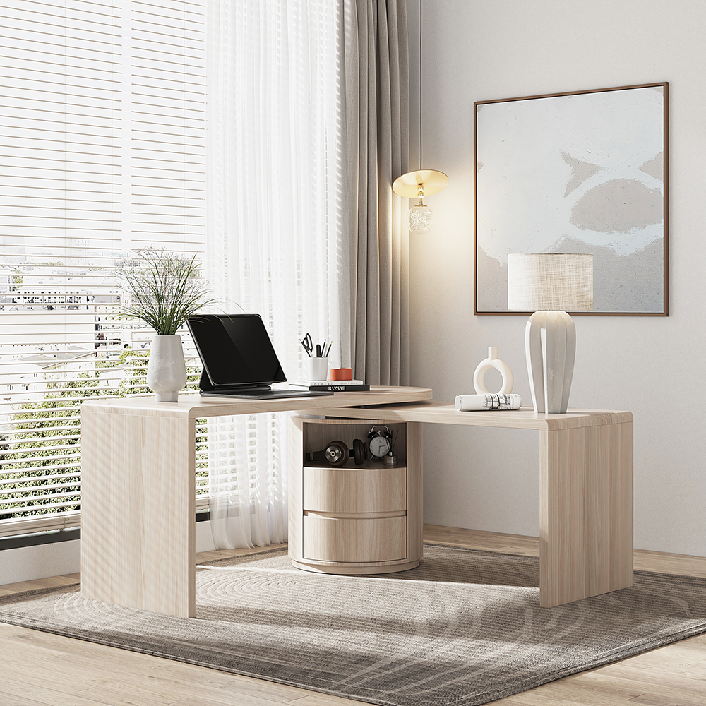 Modern L Shaped Rotatable Wash White Executive Office Desk with Drawers White Office Furniture (150 cm)