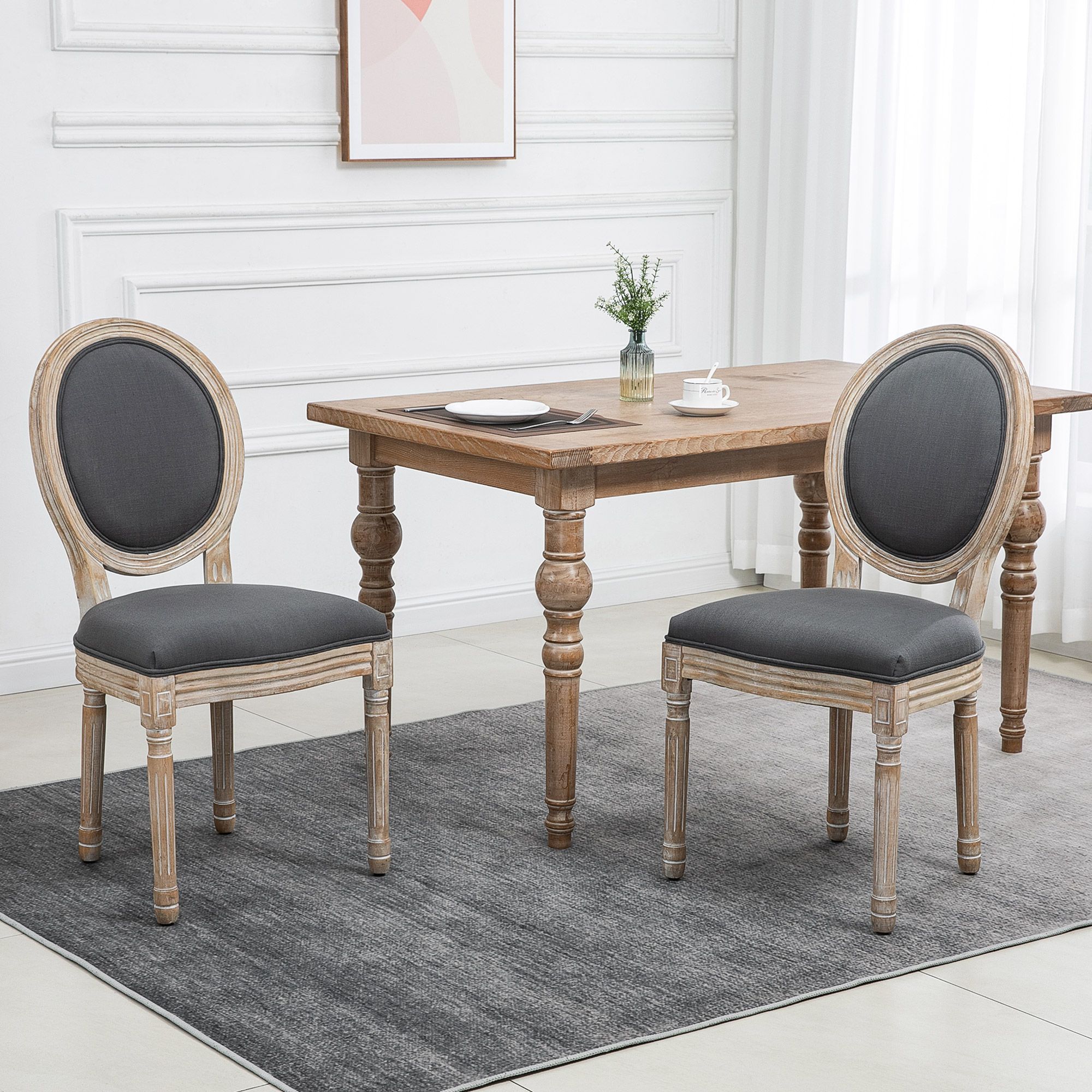 HOMCOM Dining Chairs Set of 2, French-Style Kitchen Chairs, Armless Accent Chairs with Linen Fabric Upholstery, Round Backrest & Solid Wooden Frame