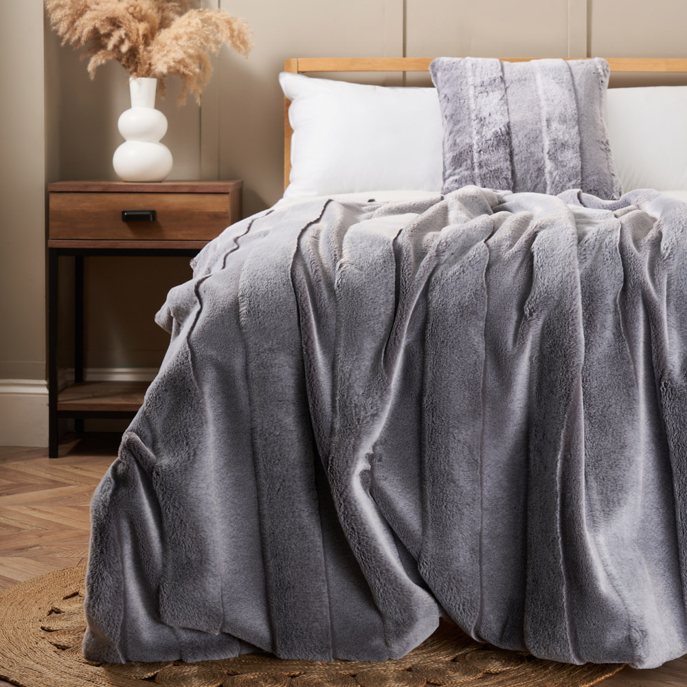 Faux Fur Stripe Cut Throw, Grey