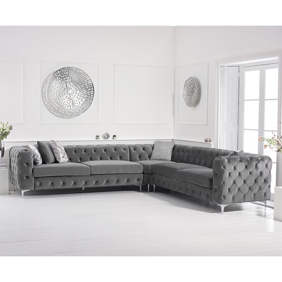Hansel Velvet Upholstered Corner Sofa In Grey