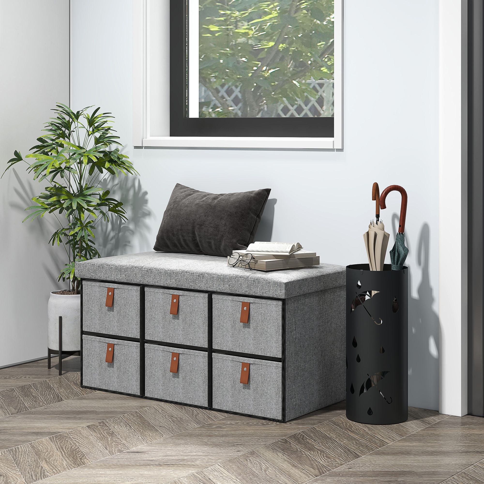 HOMCOM Shoe Bench with Cushioned Seat, 6 Fabric Drawers for Entryway Hallway in Light Grey