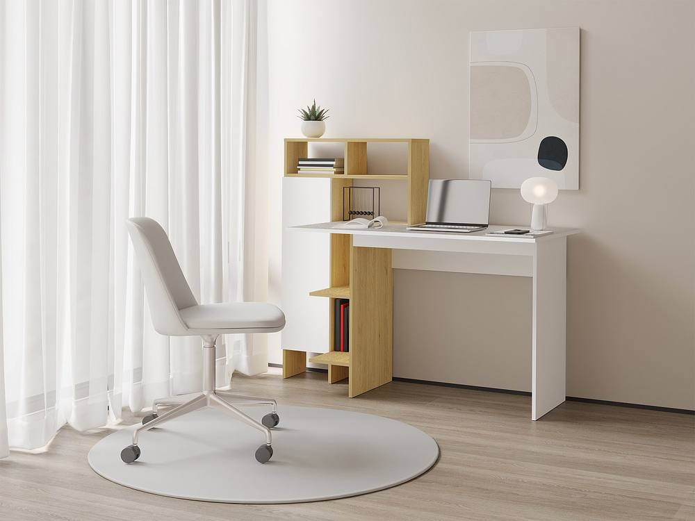 Vente-unique Desk With 1 Cupboard & 4 Shelves - White & Natural - MONTOLANIA in Light Oak