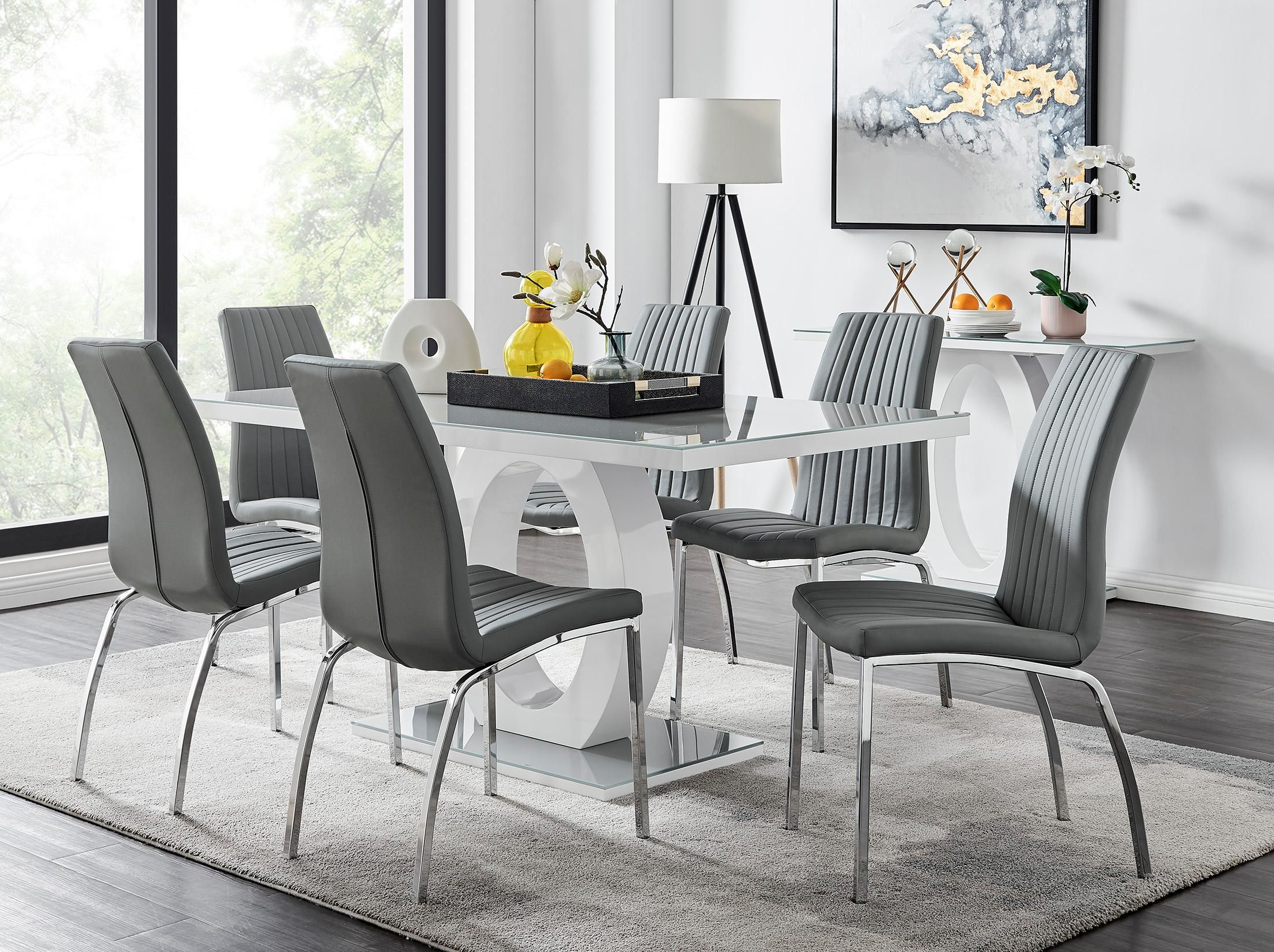 FurnitureboxUK Giovani 6-Seater Grey Glass Dining Table & 6 Isco Faux Leather Dining Chairs