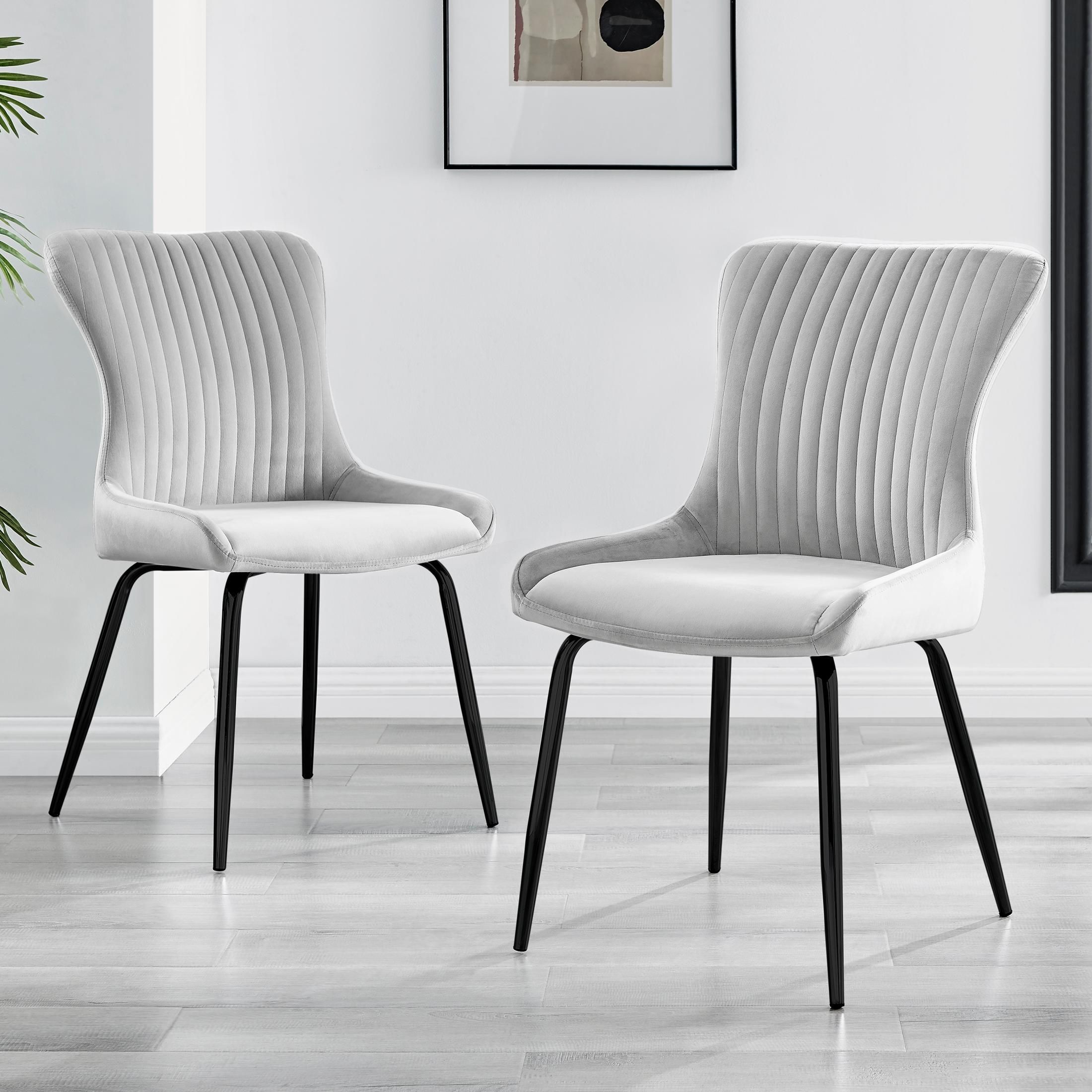 FurnitureboxUK Set of 2 Nora Deep Padded Luxurious Dining Chairs Upholstered In Soft Velvet With Black Legs in Light Grey