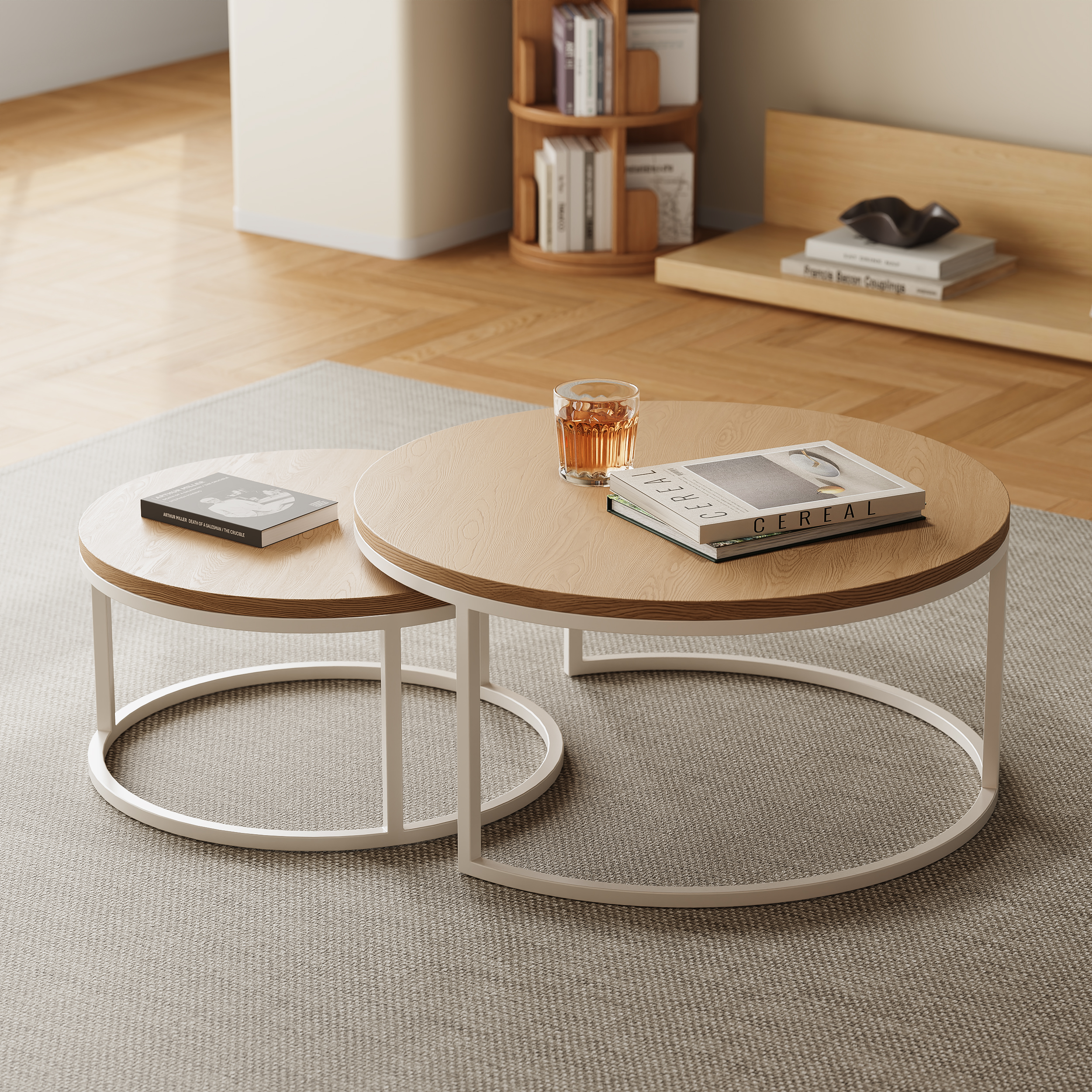 Fero Round Nesting Coffee Table Set of 2, Light Oak Top & White Metal Frame, Modern Scandinavian Style, for Living Spaces