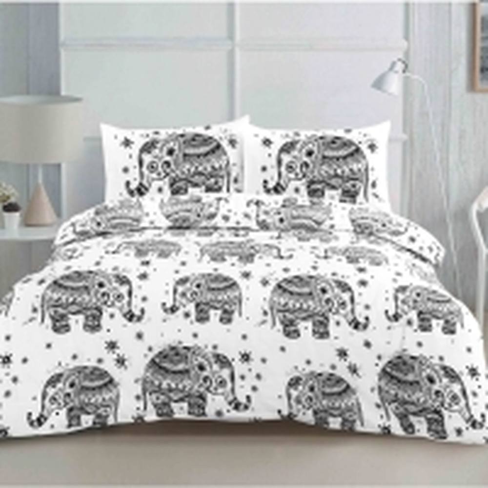Homes-Linen Elephant Geometric Reversible Duvet Cover Set in White