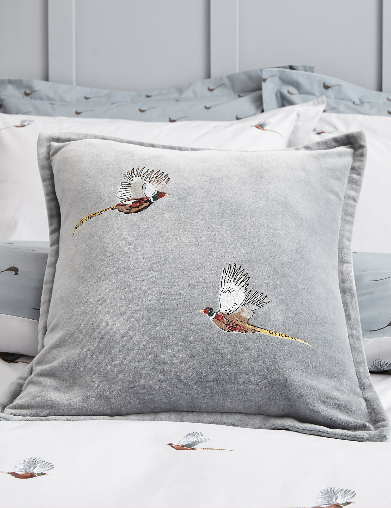 M&S Sophie Allport Cotton Velvet Embroidered Pheasant Cushion
