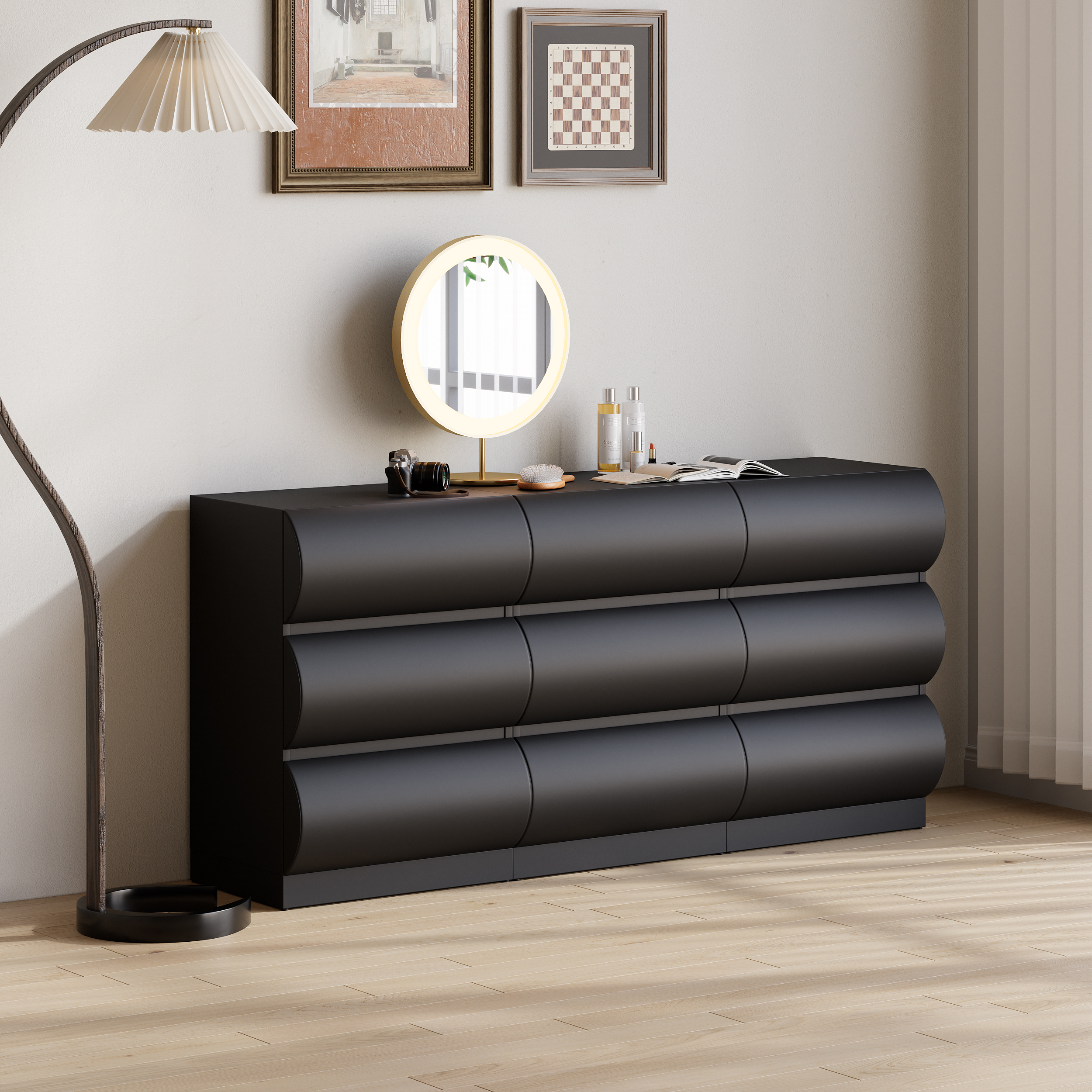 Leather Humply Modern Black 9 Drawer Dresser Chest with Storage Cabinet